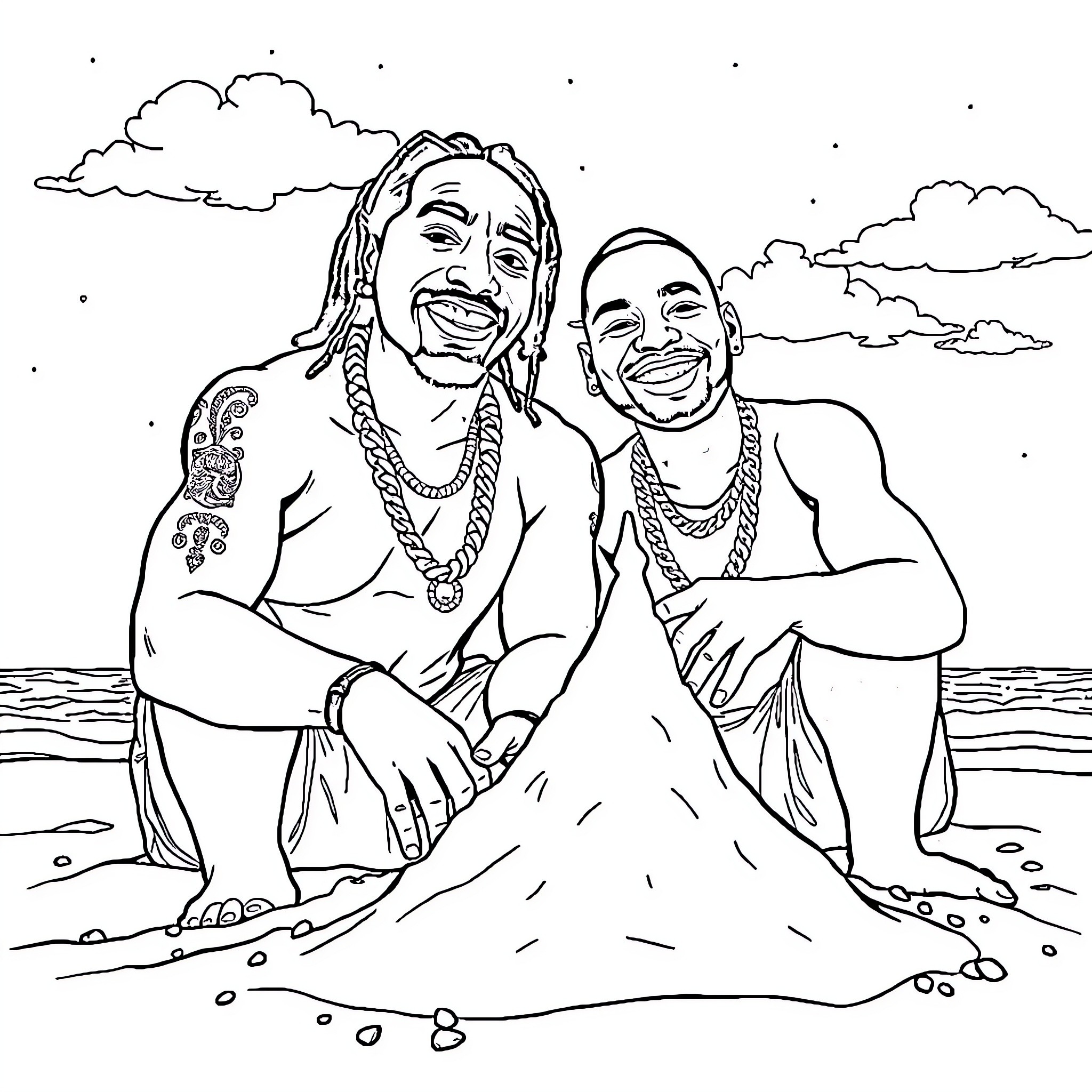 2pac enjoying the beach with a friend Coloring Page (free black-and-white line drawing printable PDF for all, from beginners to advanced learners, including children, teens, adults, and seniors)