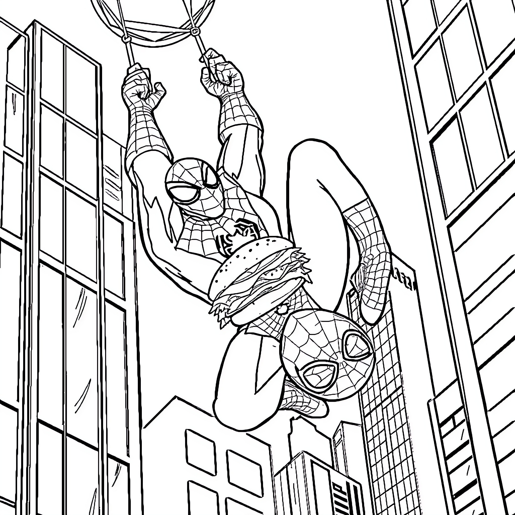 Spider-Man swinging through the city skyline Coloring Page (free black-and-white line drawing printable PDF for all, from beginners to advanced learners, including children, teens, adults, and seniors)