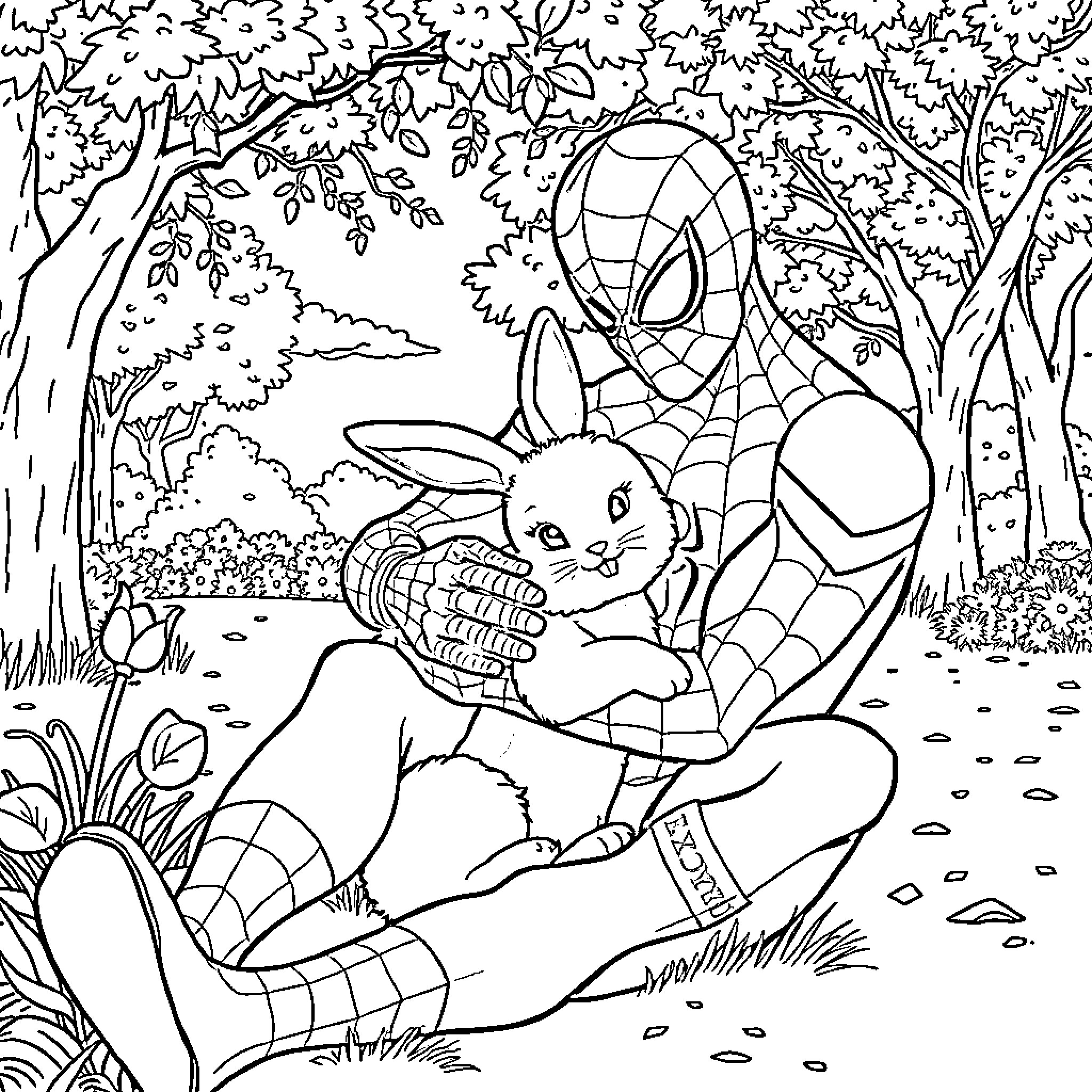 Spiderman Meets a Friendly Rabbit in the Forest Coloring Page (free black-and-white line drawing printable PDF for all, from beginners to advanced learners, including children, teens, adults, and seniors)