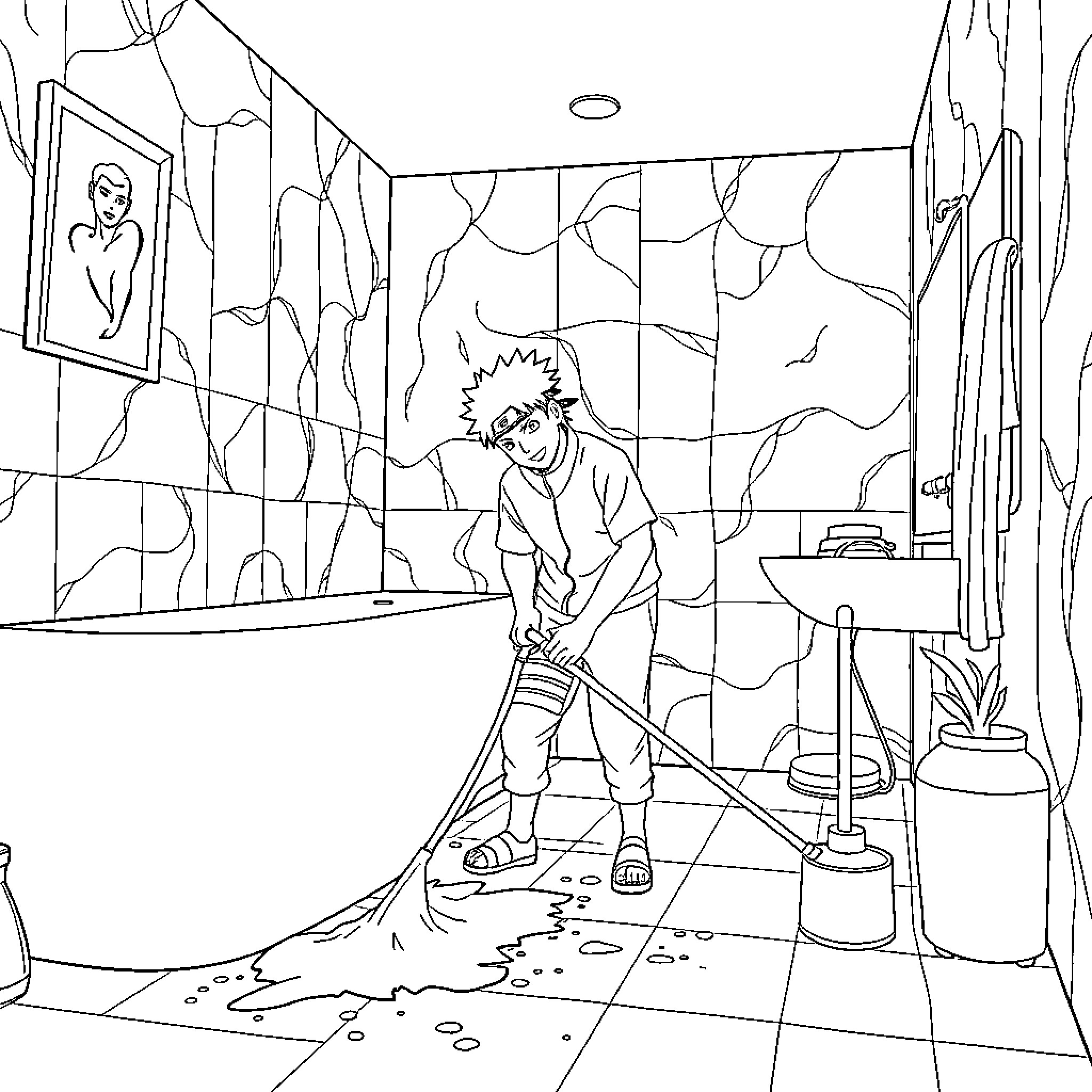 Naruto exploring a mysterious and challenging environment Coloring Page (free black-and-white line drawing printable PDF for all, from beginners to advanced learners, including children, teens, adults, and seniors)
