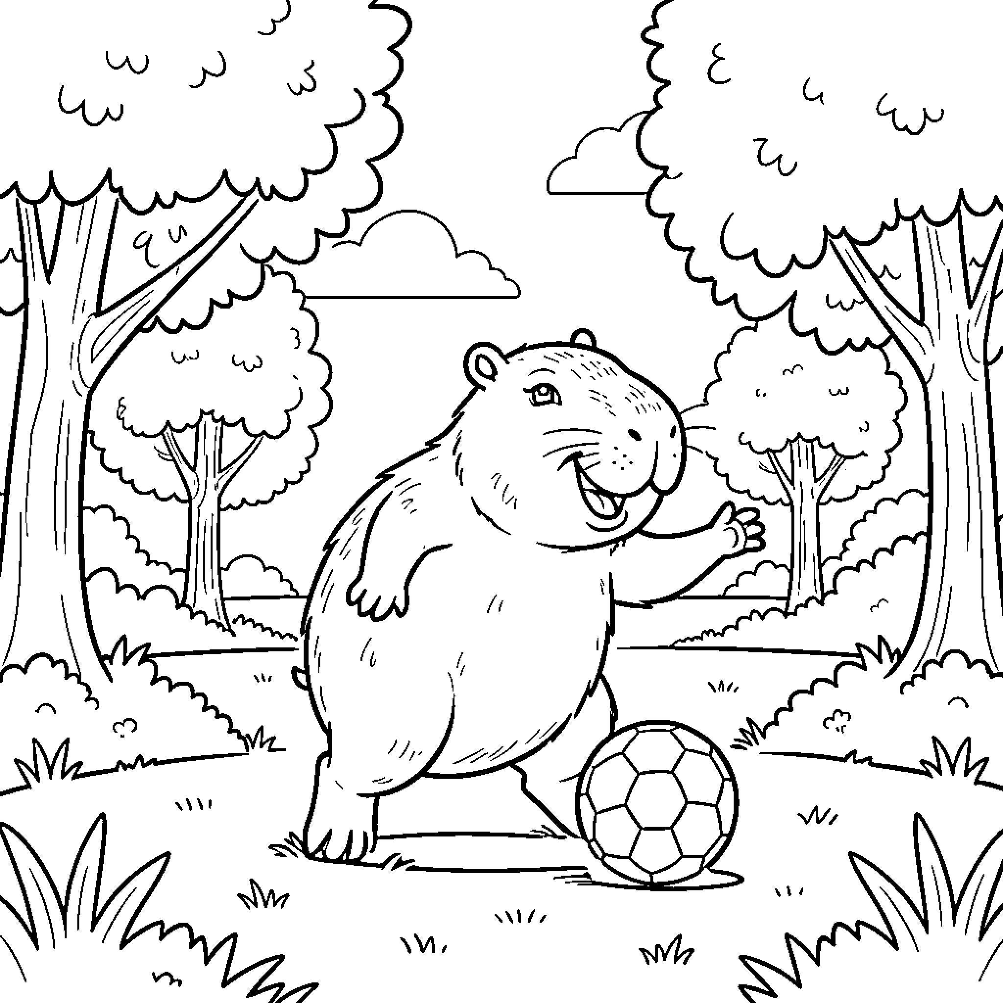 Capybara happily playing soccer in a forest Coloring Page (free black-and-white line drawing printable PDF for all, from beginners to advanced learners, including children, teens, adults, and seniors)