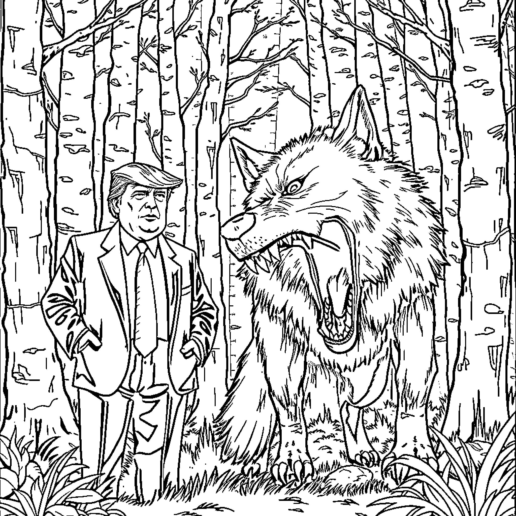 Wolf confronting a man in the forest Coloring Page (free black-and-white line drawing printable PDF for all, from beginners to advanced learners, including children, teens, adults, and seniors)