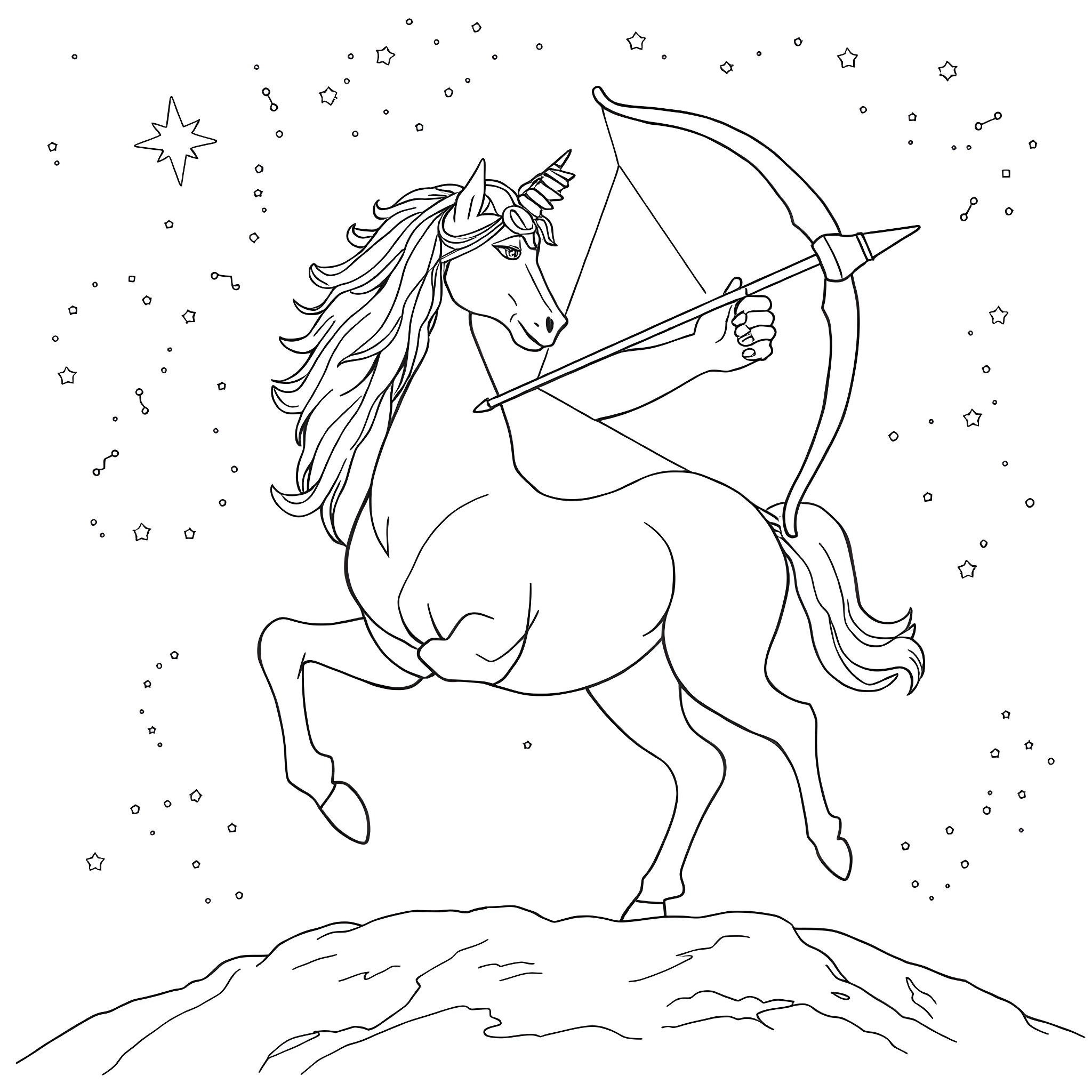 Sagittarius - Unicorn archer among the stars Coloring Page (free black-and-white line drawing printable PDF for all, from beginners to advanced learners, including children, teens, adults, and seniors)