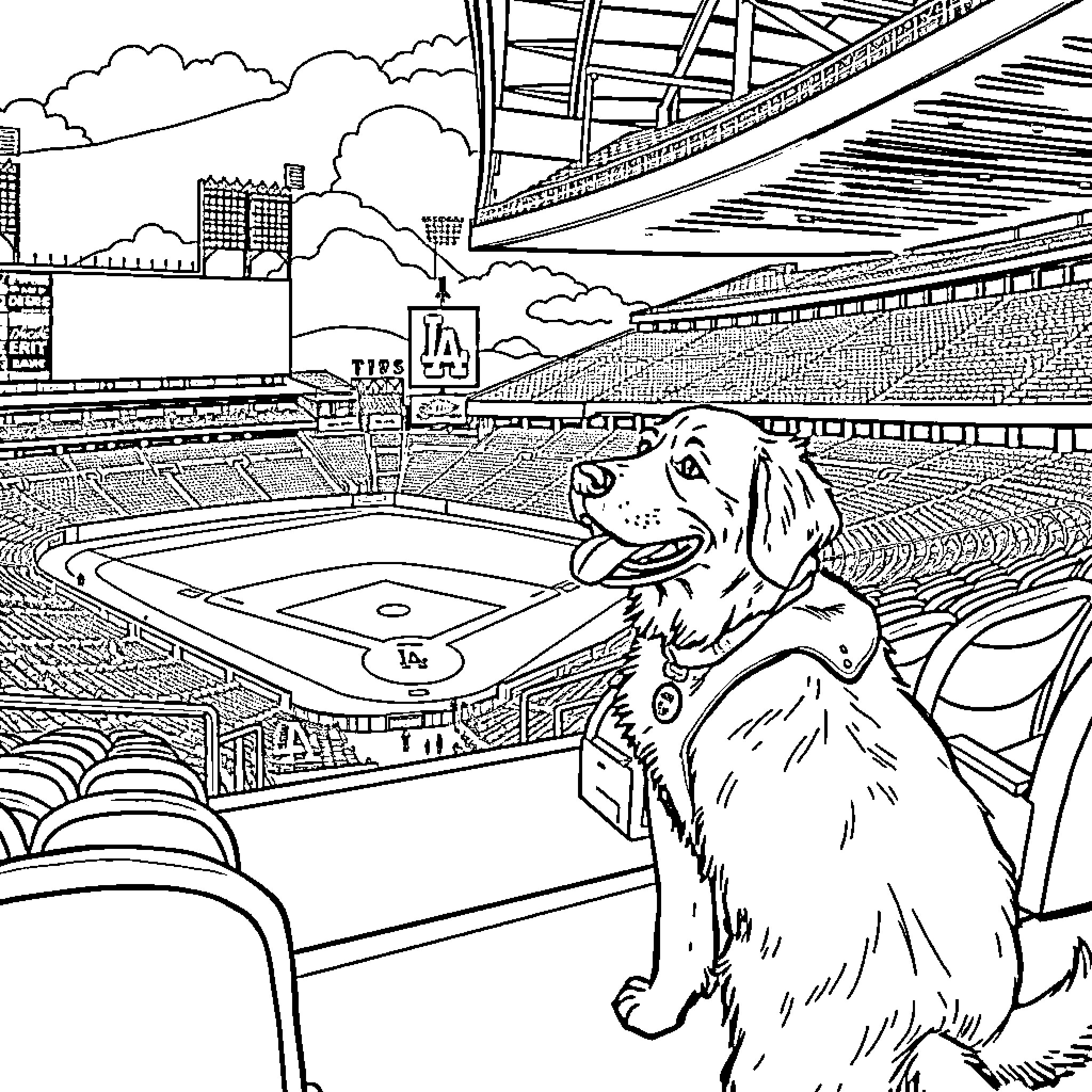 Retriever Enjoying the Game in the Stadium Coloring Page (free black-and-white line drawing printable PDF for all, from beginners to advanced learners, including children, teens, adults, and seniors)