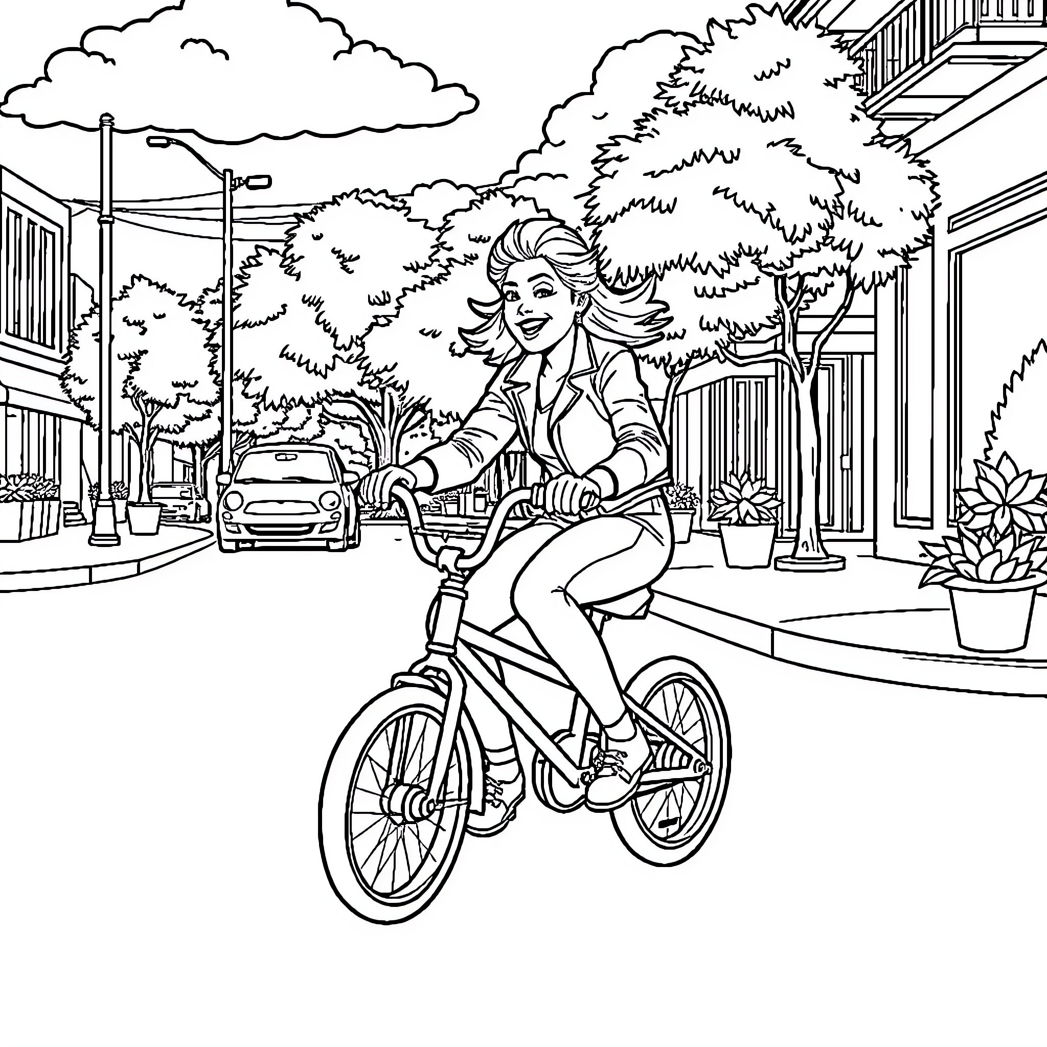 Miley Cyrus Riding Bike through Town Coloring Page (free black-and-white line drawing printable PDF for all, from beginners to advanced learners, including children, teens, adults, and seniors)