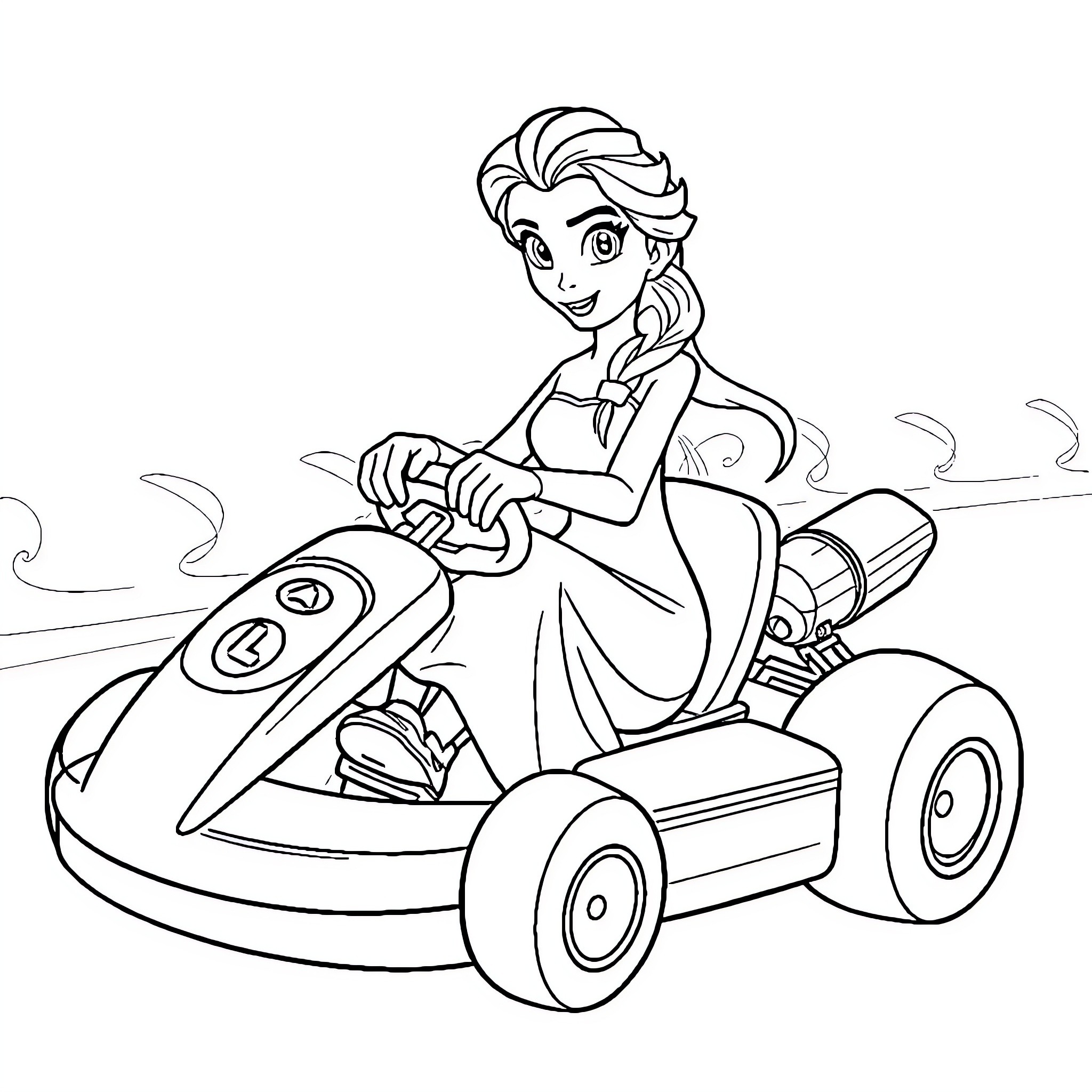 Elsa racing on a go-kart Coloring Page (free black-and-white line drawing printable PDF for all, from beginners to advanced learners, including children, teens, adults, and seniors)