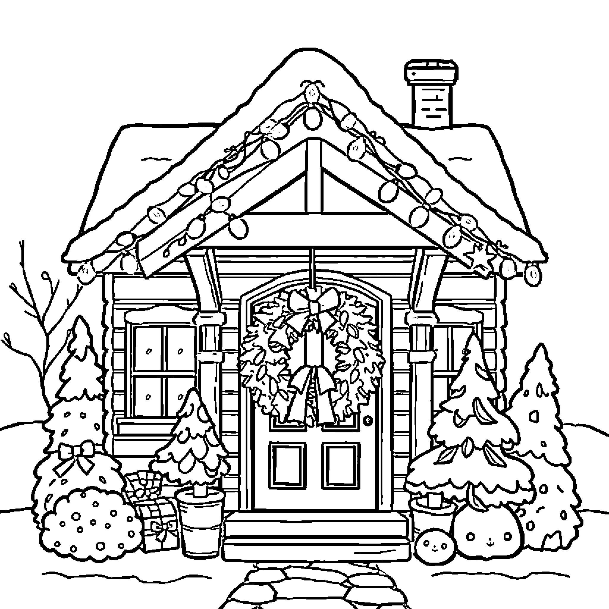 House decorated for the winter holidays Coloring Page (free black-and-white line drawing printable PDF for all, from beginners to advanced learners, including children, teens, adults, and seniors)