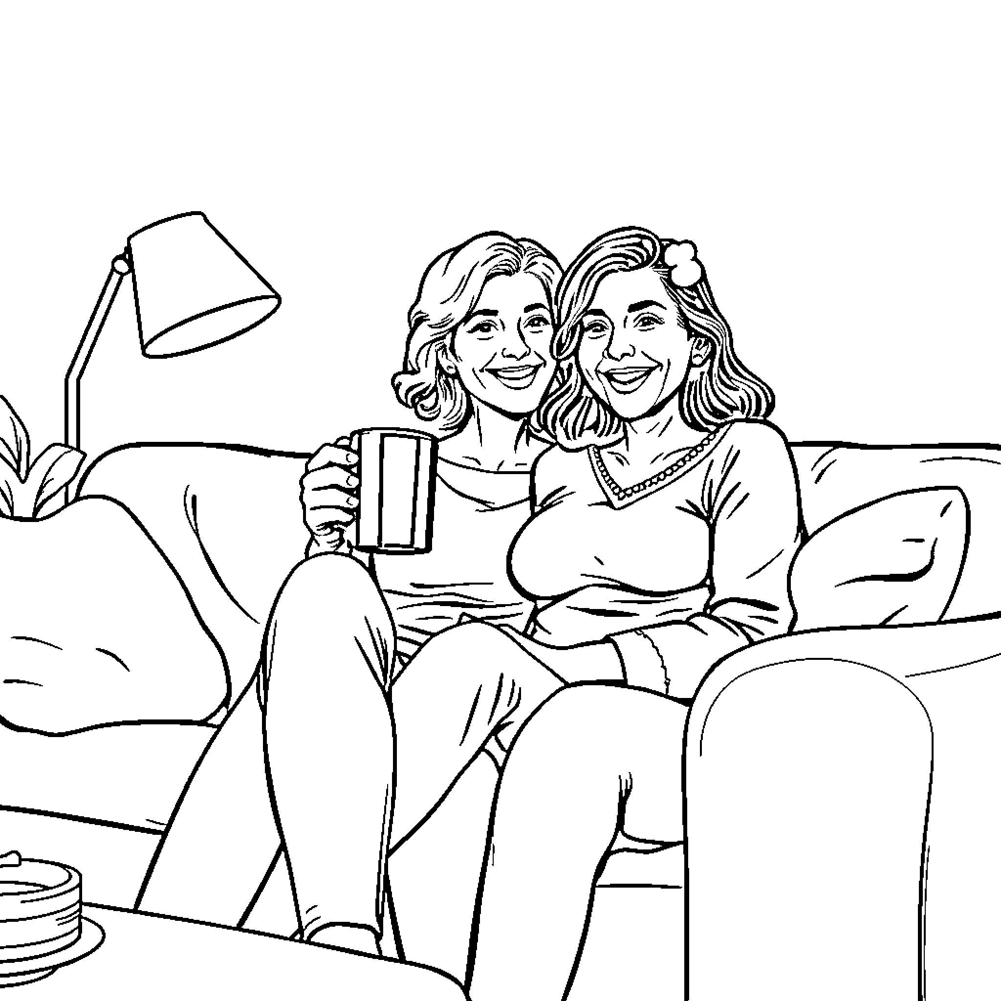 Mom and Daughter Relaxing Together at Home Coloring Page (free black-and-white line drawing printable PDF for all, from beginners to advanced learners, including children, teens, adults, and seniors)
