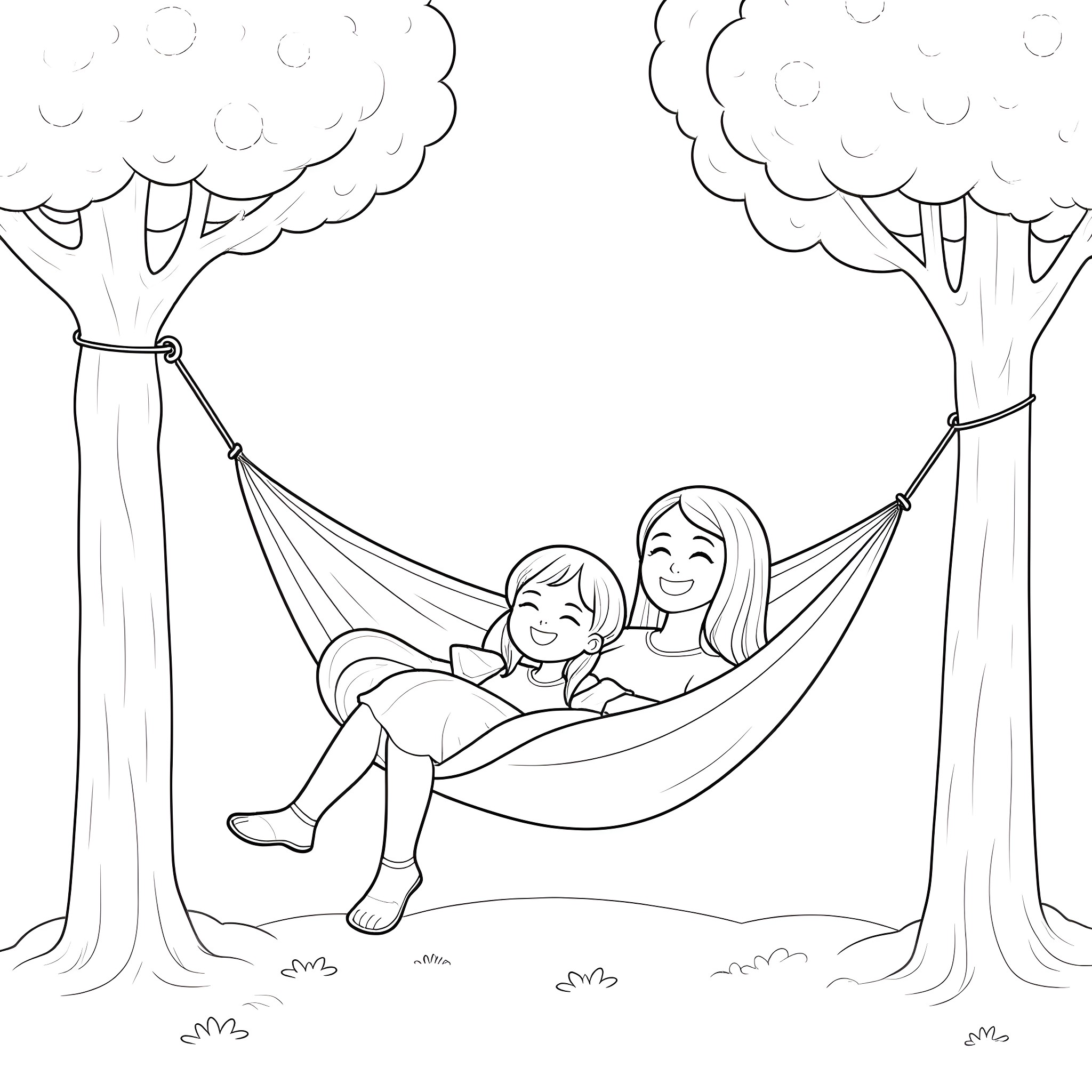 Mother and child relaxing in hammock under trees Coloring Page (free black-and-white line drawing printable PDF for all, from beginners to advanced learners, including children, teens, adults, and seniors)