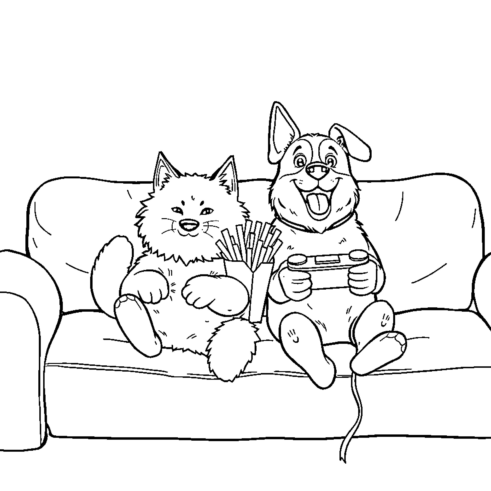 Cat and dog playing video games together Coloring Page (free black-and-white line drawing printable PDF for all, from beginners to advanced learners, including children, teens, adults, and seniors)