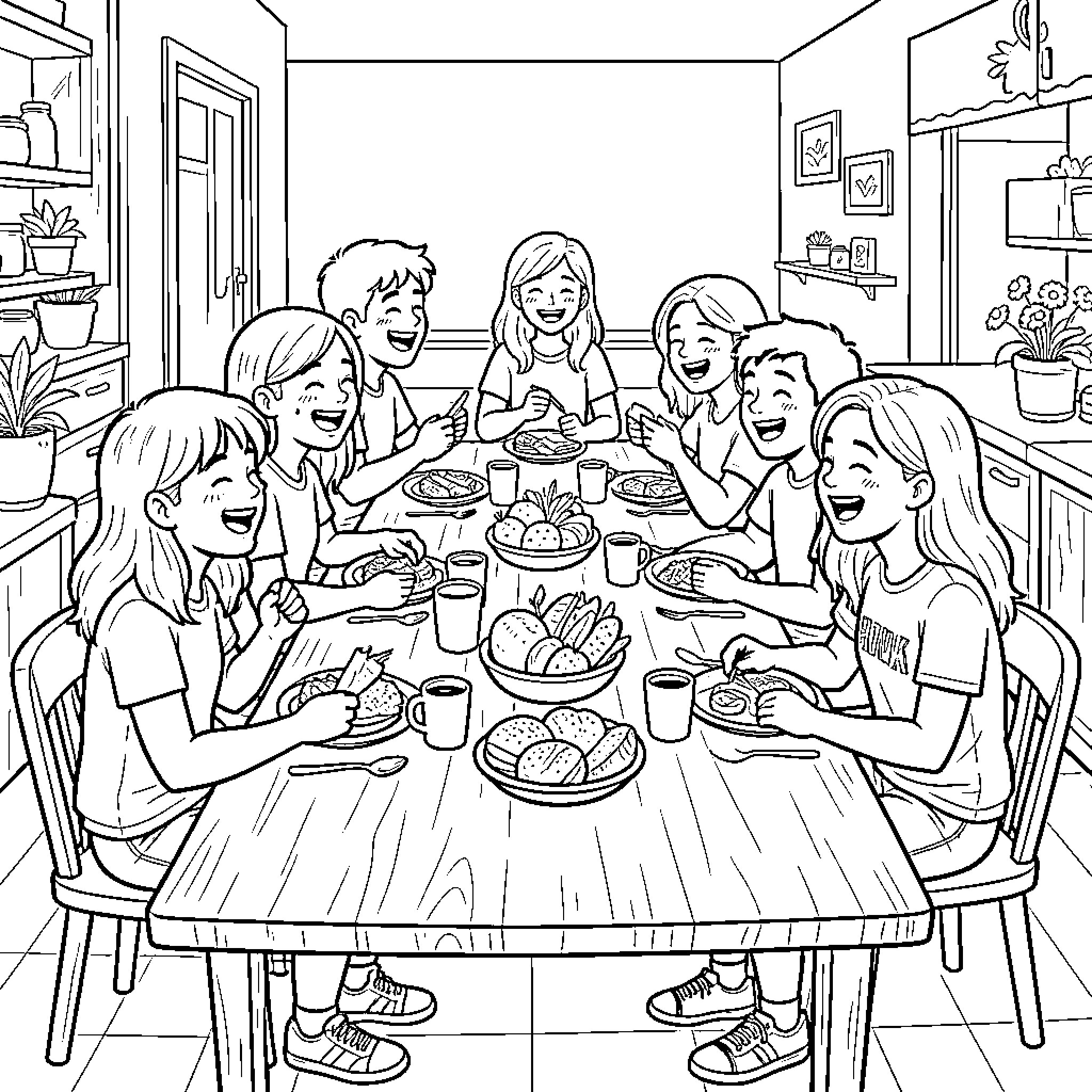 Student group sitting together enjoying a meal Coloring Page (free black-and-white line drawing printable PDF for all, from beginners to advanced learners, including children, teens, adults, and seniors)