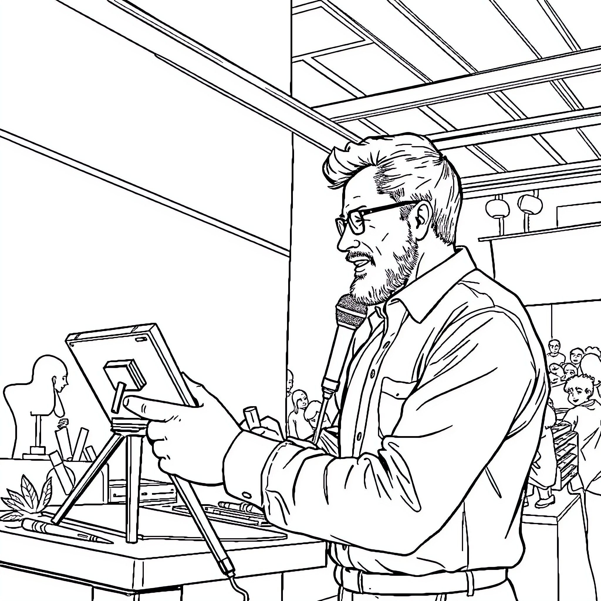 Locutor speaking in front of an audience Coloring Page (free black-and-white line drawing printable PDF for all, from beginners to advanced learners, including children, teens, adults, and seniors)