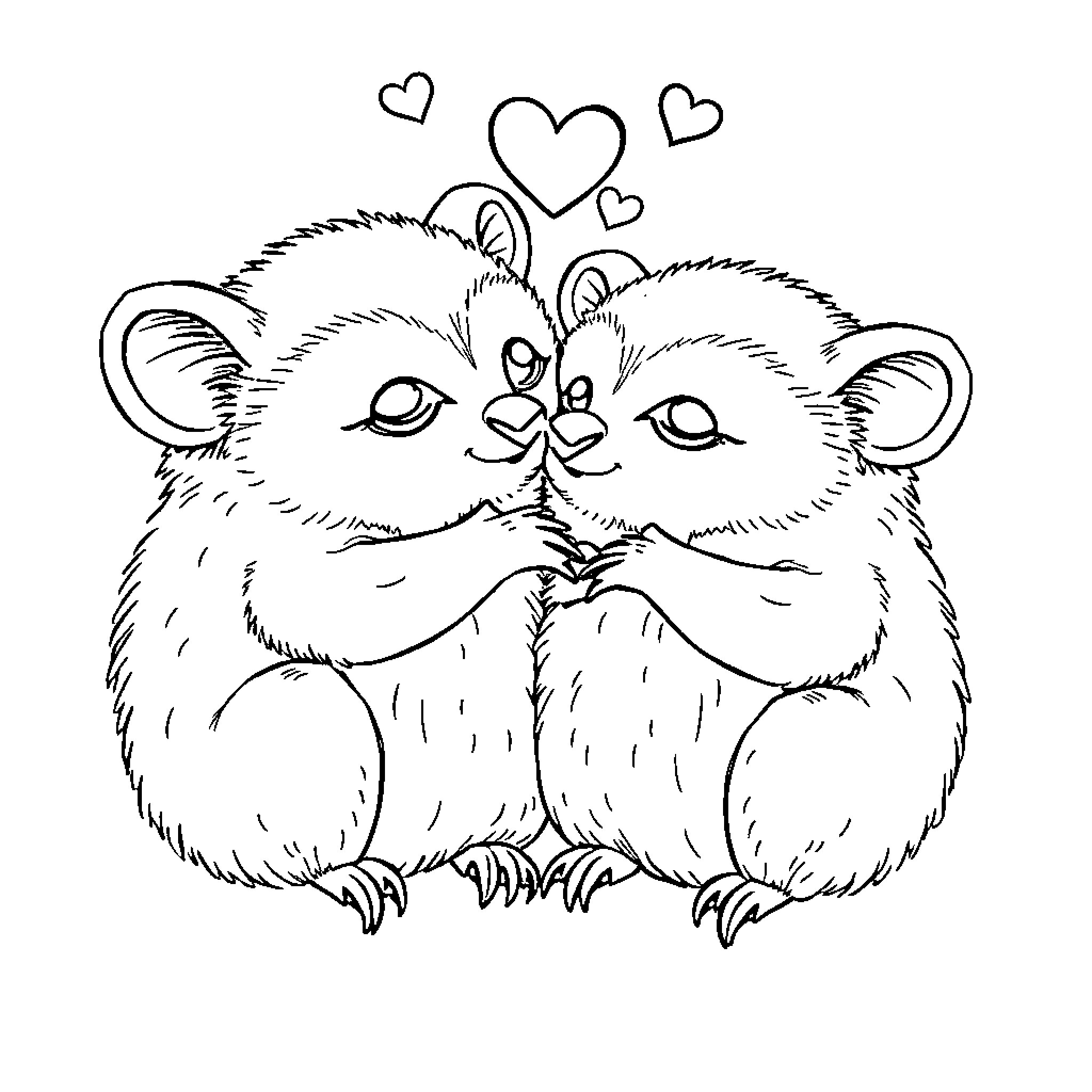Ositos embracing with heart shapes Coloring Page (free black-and-white line drawing printable PDF for all, from beginners to advanced learners, including children, teens, adults, and seniors)