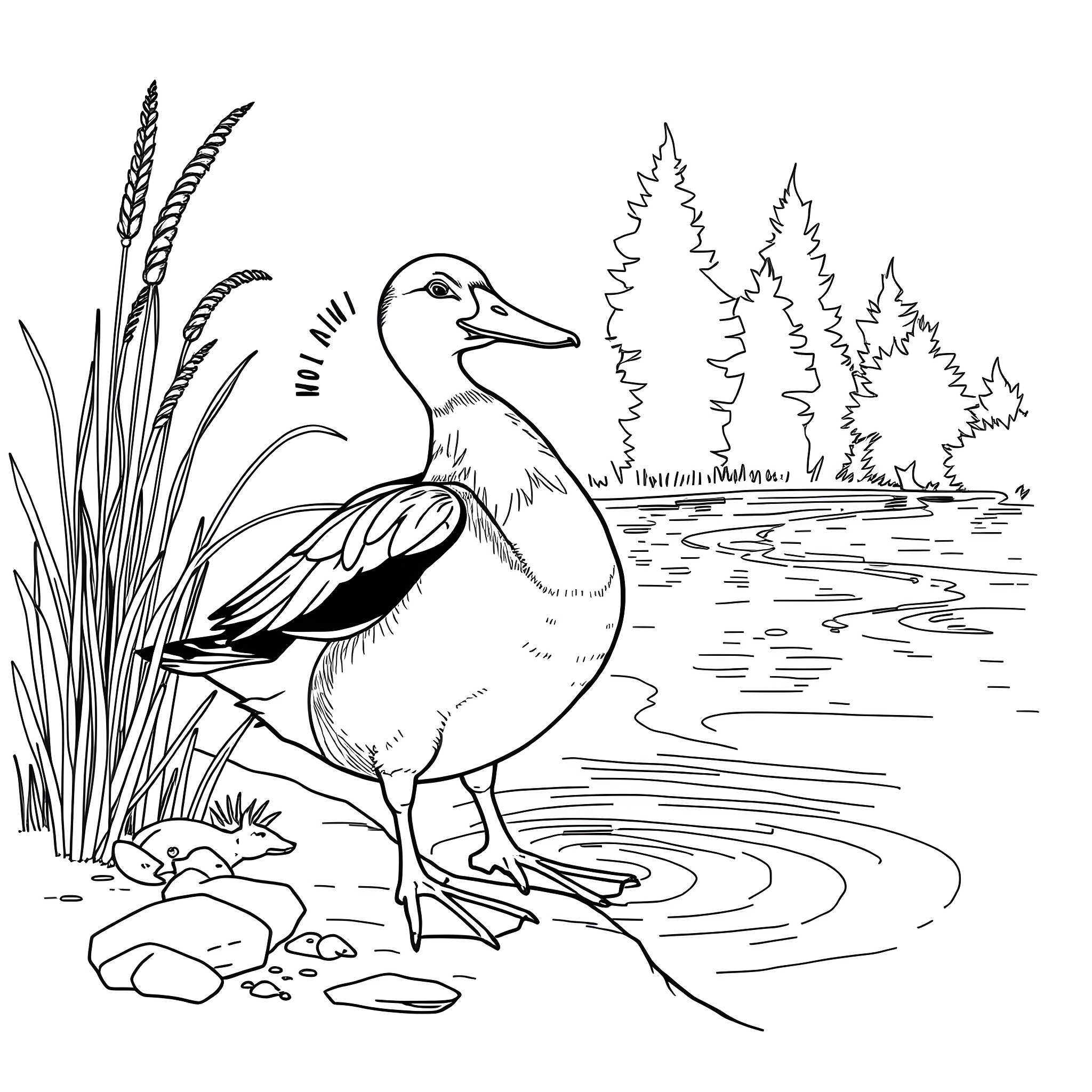 Duck Enjoying Nature's Serenity Coloring Page (free black-and-white line drawing printable PDF for all, from beginners to advanced learners, including children, teens, adults, and seniors)