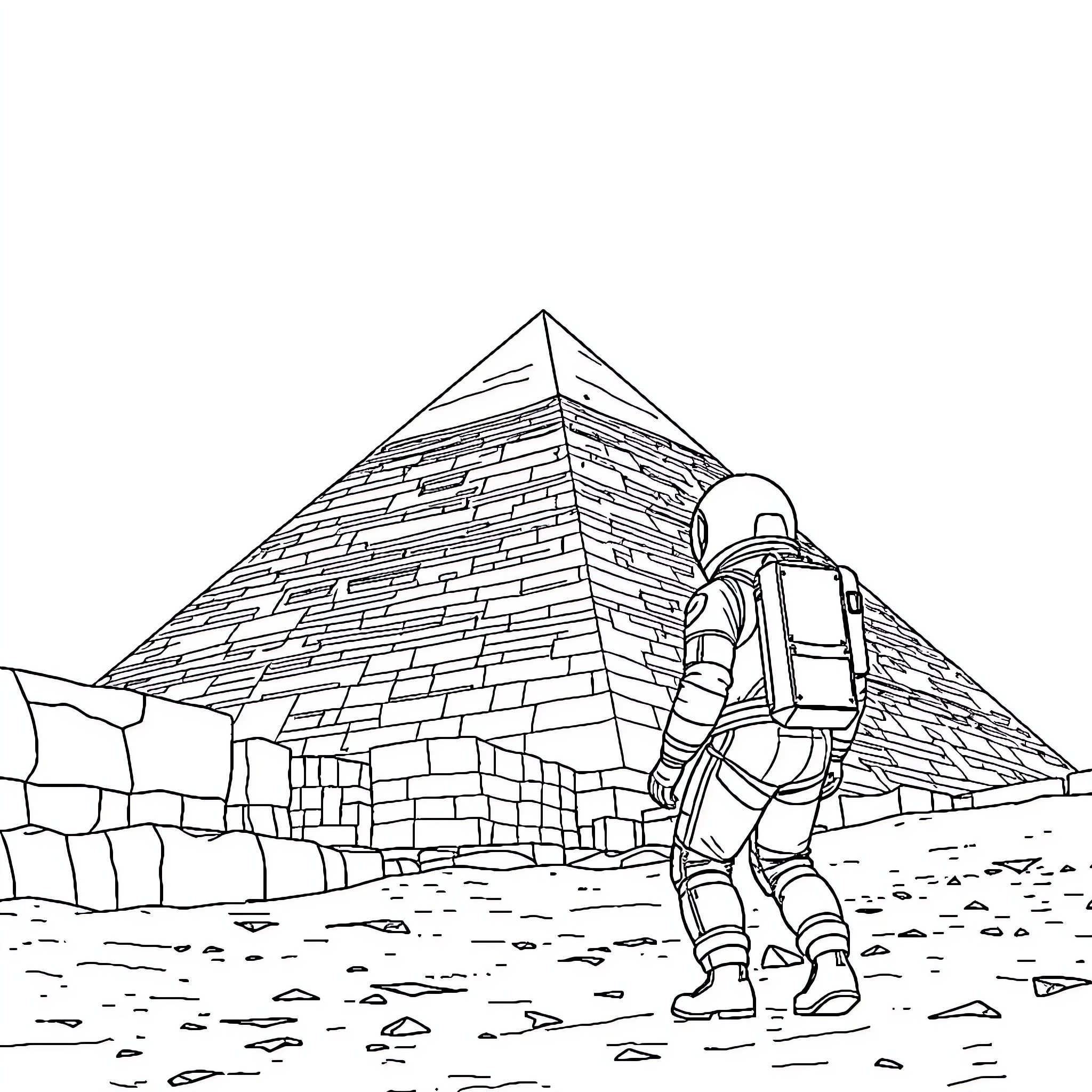 Astronaut exploring ancient pyramids Coloring Page (free black-and-white line drawing printable PDF for all, from beginners to advanced learners, including children, teens, adults, and seniors)