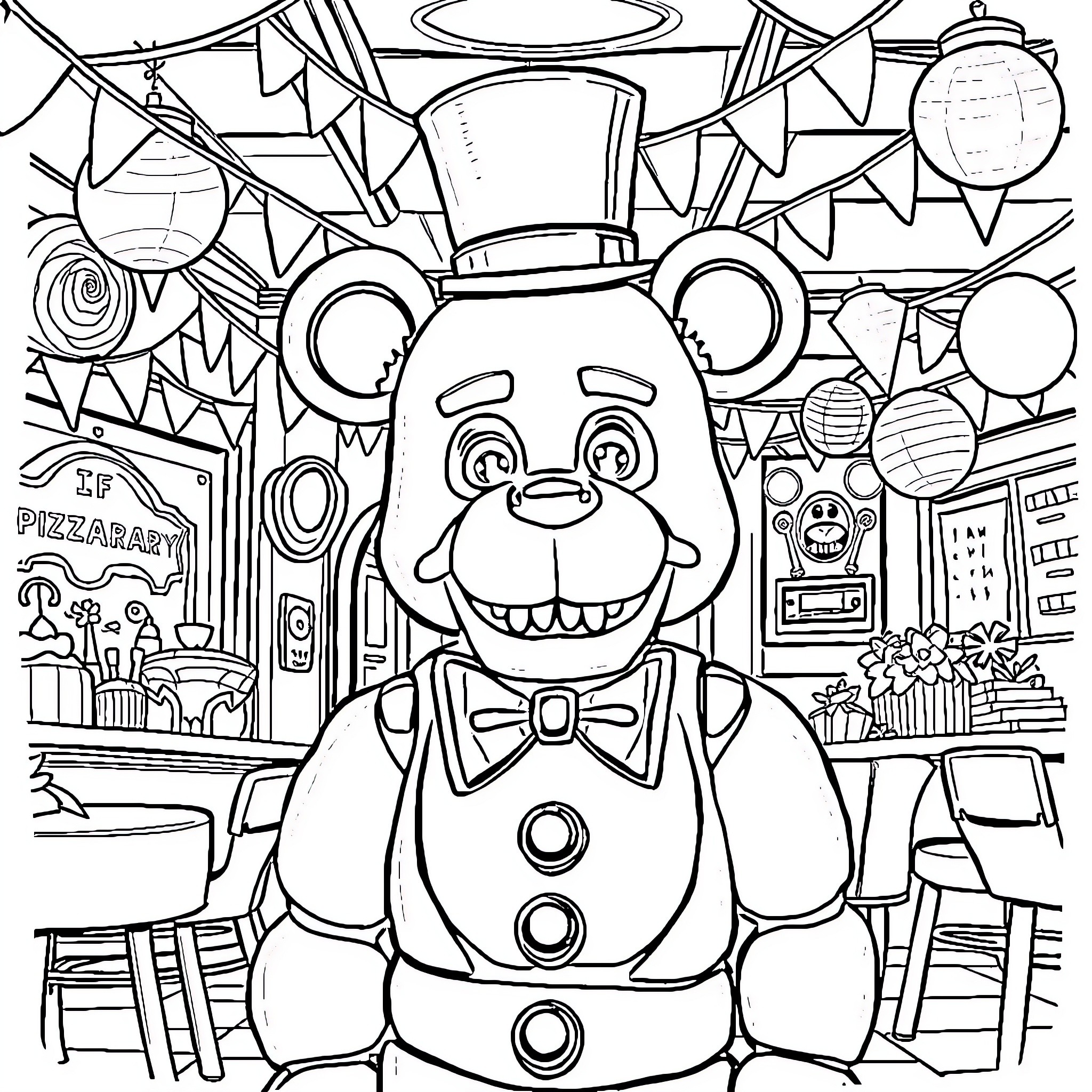 Freddy Fazbear's Festive Celebration at the Pizzeria Coloring Page (free black-and-white line drawing printable PDF for all, from beginners to advanced learners, including children, teens, adults, and seniors)