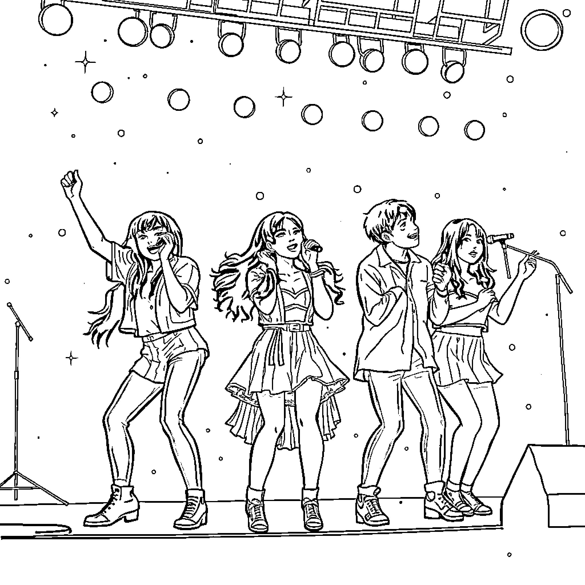 K Pop Girl Group Performing on Stage Coloring Page (free black-and-white line drawing printable PDF for all, from beginners to advanced learners, including children, teens, adults, and seniors)