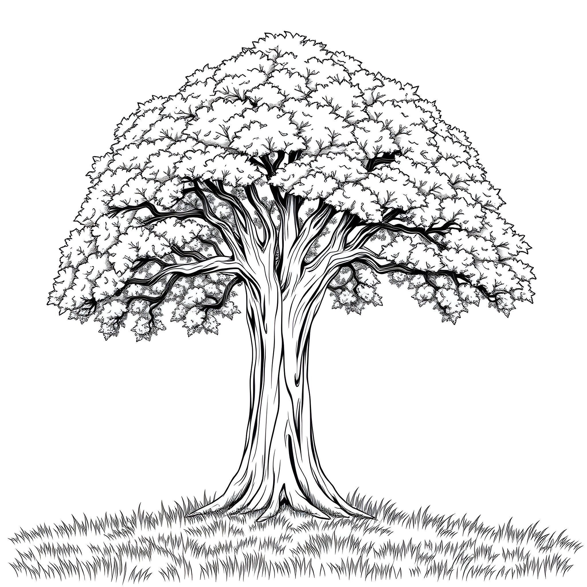 Tree in Full Bloom Surrounded by Lush Foliage Coloring Page (free black-and-white line drawing printable PDF for all, from beginners to advanced learners, including children, teens, adults, and seniors)