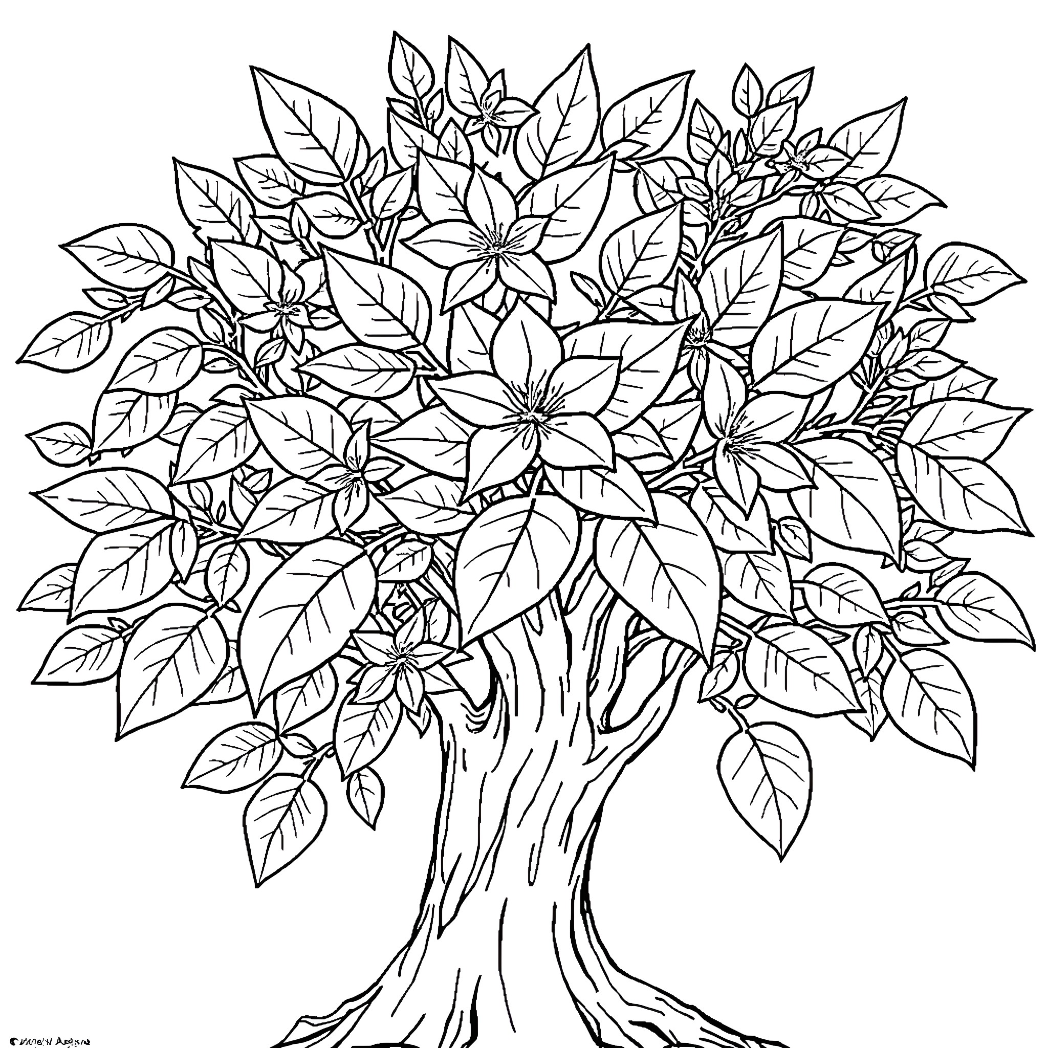 Leaf tree with beautiful blossoms Coloring Page (free black-and-white line drawing printable PDF for all, from beginners to advanced learners, including children, teens, adults, and seniors)
