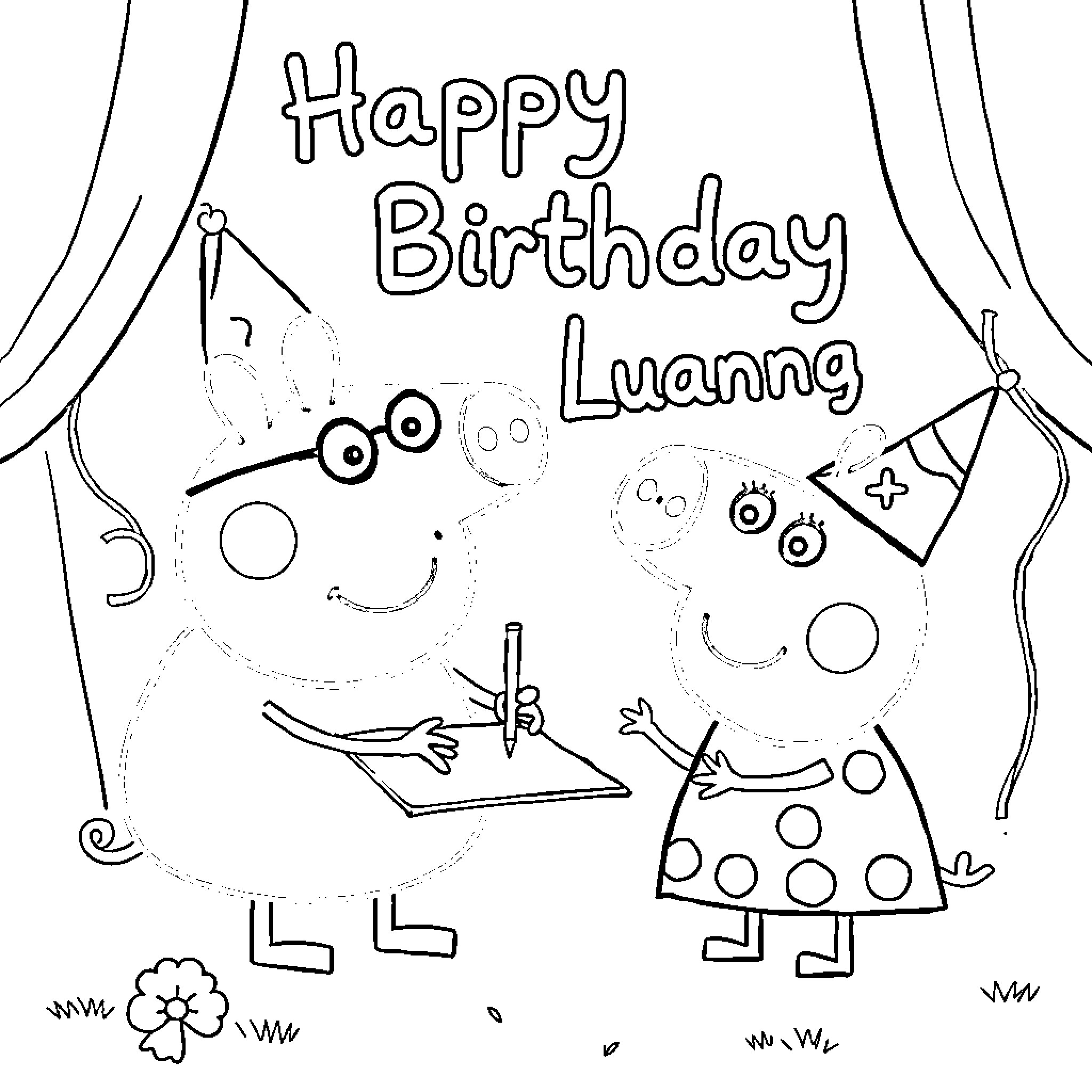 Peppa Pig and friends celebrating Luanna's birthday Coloring Page (free black-and-white line drawing printable PDF for all, from beginners to advanced learners, including children, teens, adults, and seniors)