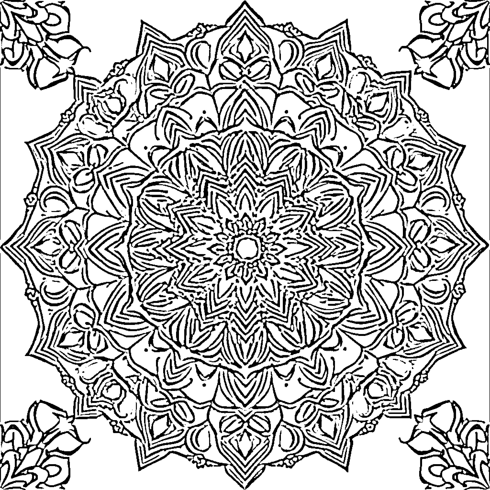 Mandala of intricate floral patterns and geometric designs Coloring Page (free black-and-white line drawing printable PDF for all, from beginners to advanced learners, including children, teens, adults, and seniors)