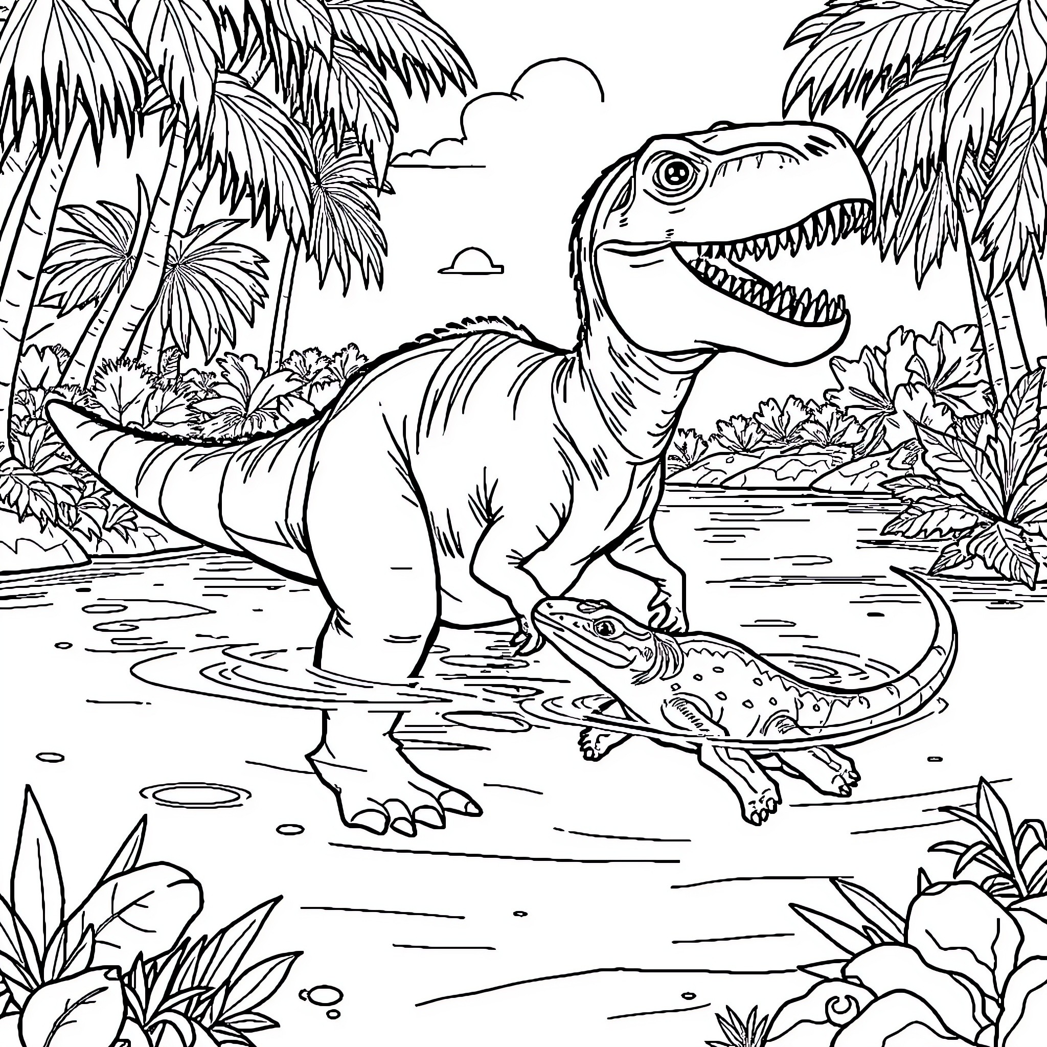 Dinosaur stalking in tropical jungle landscape Coloring Page (free black-and-white line drawing printable PDF for all, from beginners to advanced learners, including children, teens, adults, and seniors)