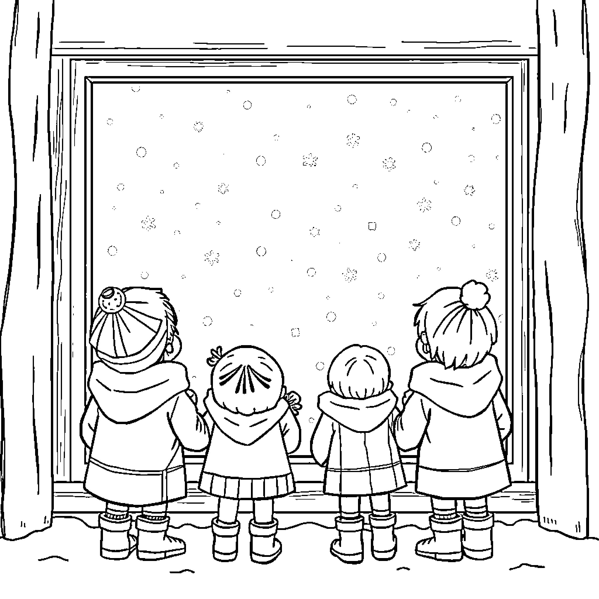 Children admiring snowy window scene Coloring Page (free black-and-white line drawing printable PDF for all, from beginners to advanced learners, including children, teens, adults, and seniors)