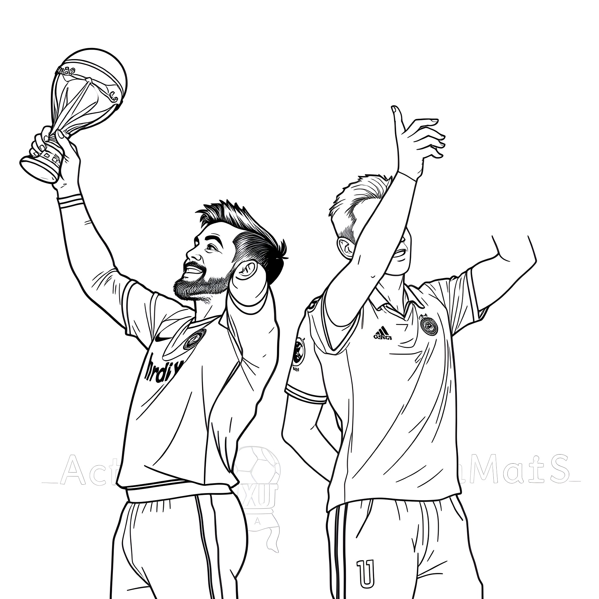 Virat Kohli and teammate celebrating victory on the field Coloring Page (free black-and-white line drawing printable PDF for all, from beginners to advanced learners, including children, teens, adults, and seniors)