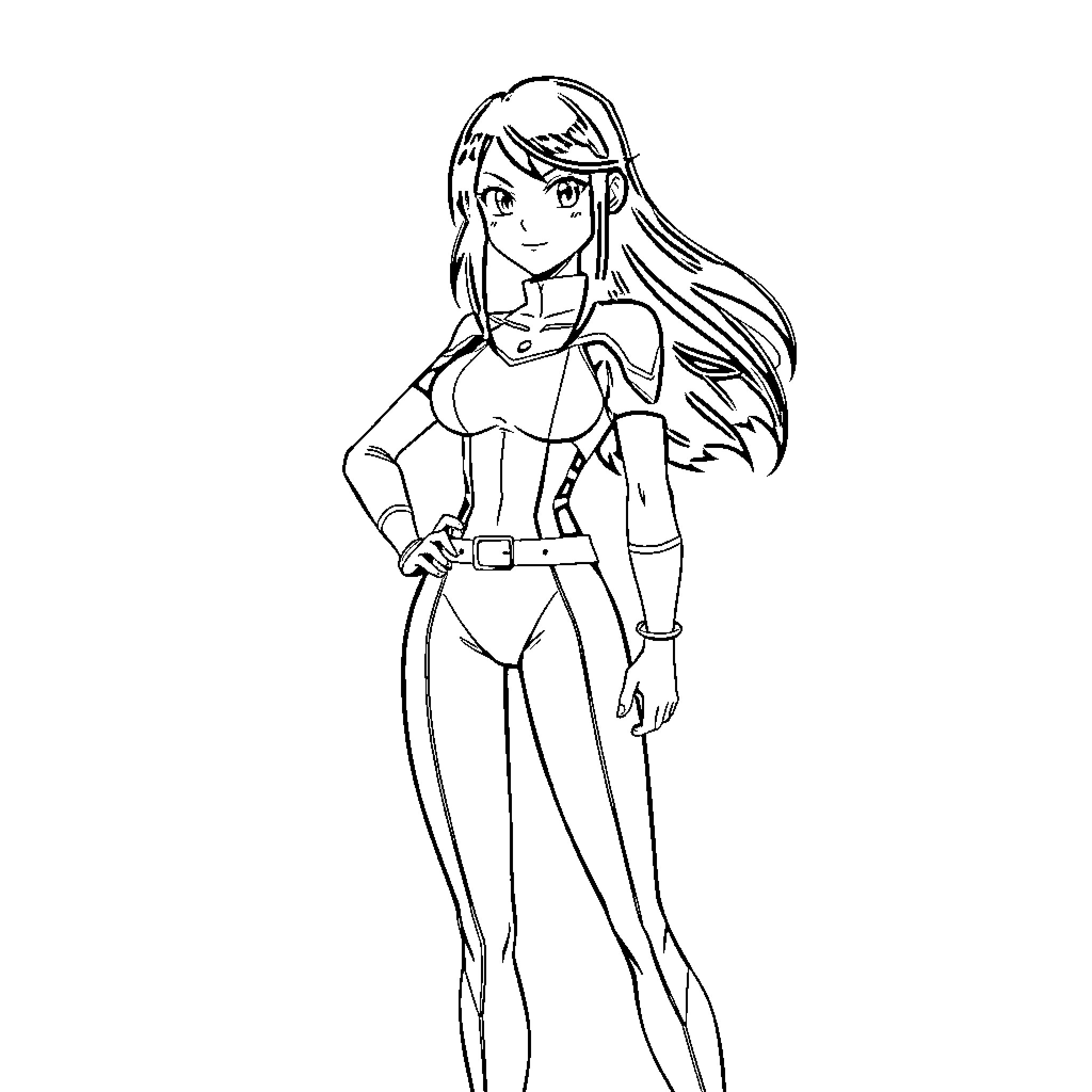 Momo posing confidently in superhero outfit Coloring Page (free black-and-white line drawing printable PDF for all, from beginners to advanced learners, including children, teens, adults, and seniors)