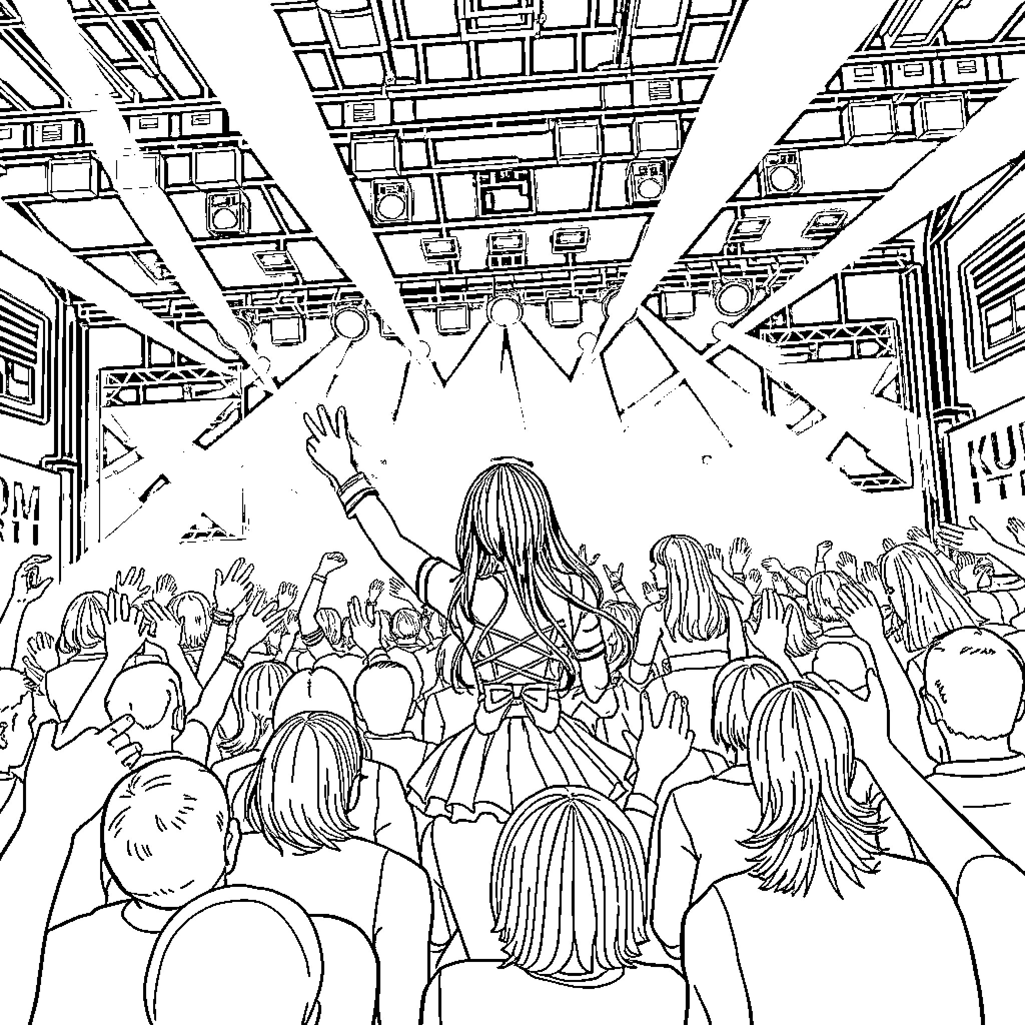 Kuromi rocking the crowd at a lively concert Coloring Page (free black-and-white line drawing printable PDF for all, from beginners to advanced learners, including children, teens, adults, and seniors)