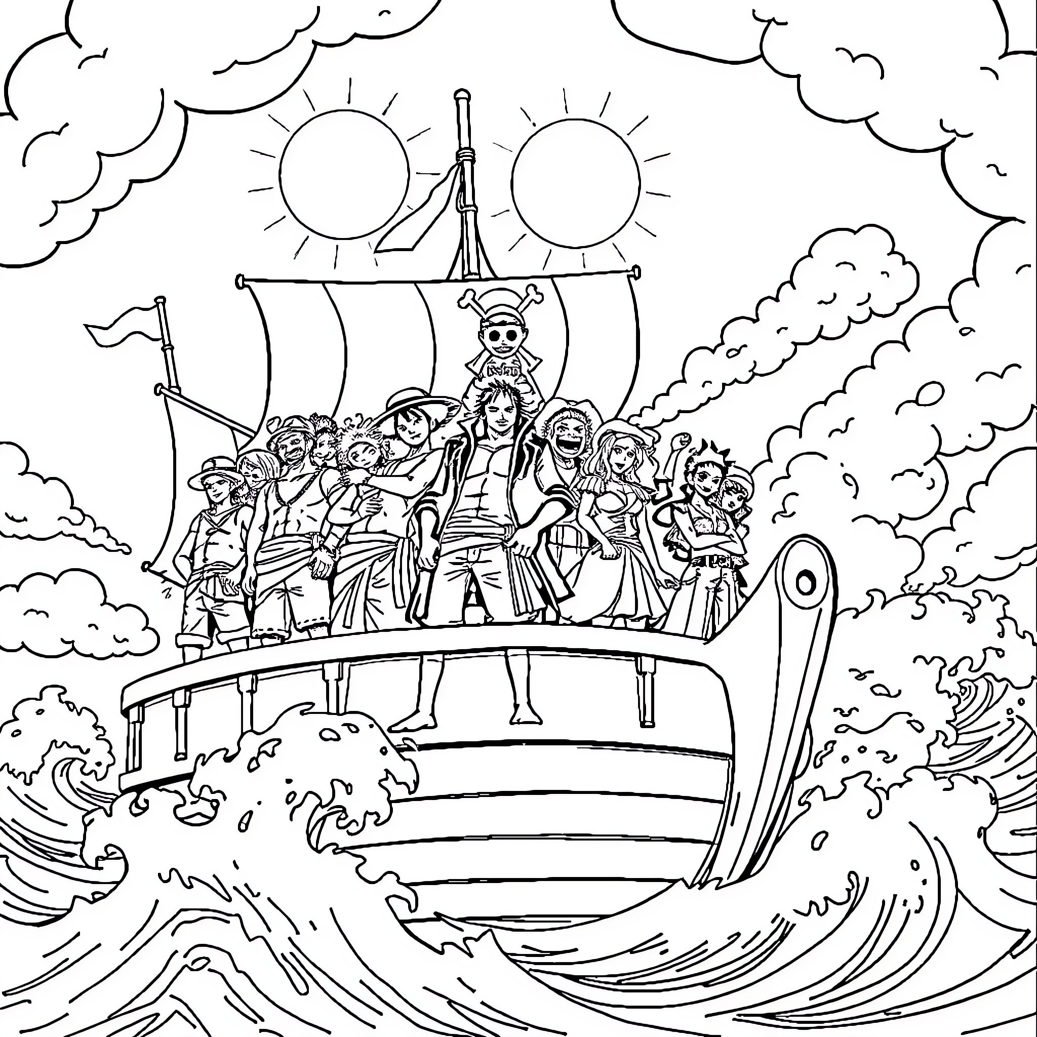 One Piece Characters Sailing on a Pirate Ship Coloring Page (free black-and-white line drawing printable PDF for all, from beginners to advanced learners, including children, teens, adults, and seniors)