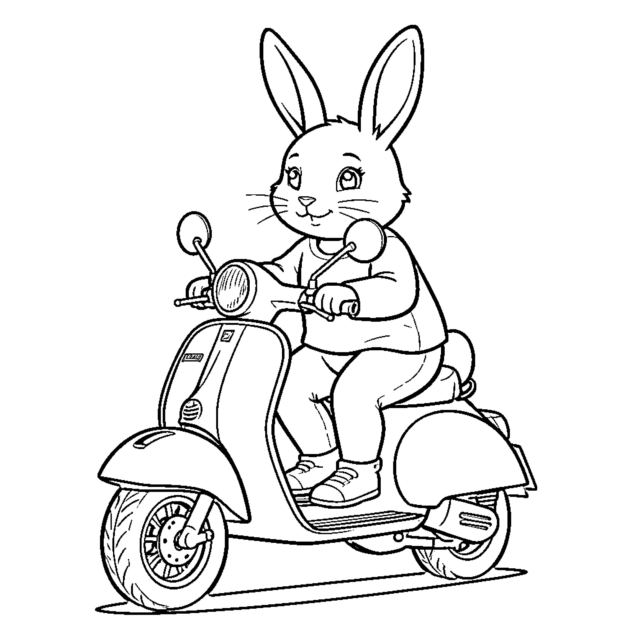 Rabbit riding a scooter with a joyful expression Coloring Page (free black-and-white line drawing printable PDF for all, from beginners to advanced learners, including children, teens, adults, and seniors)