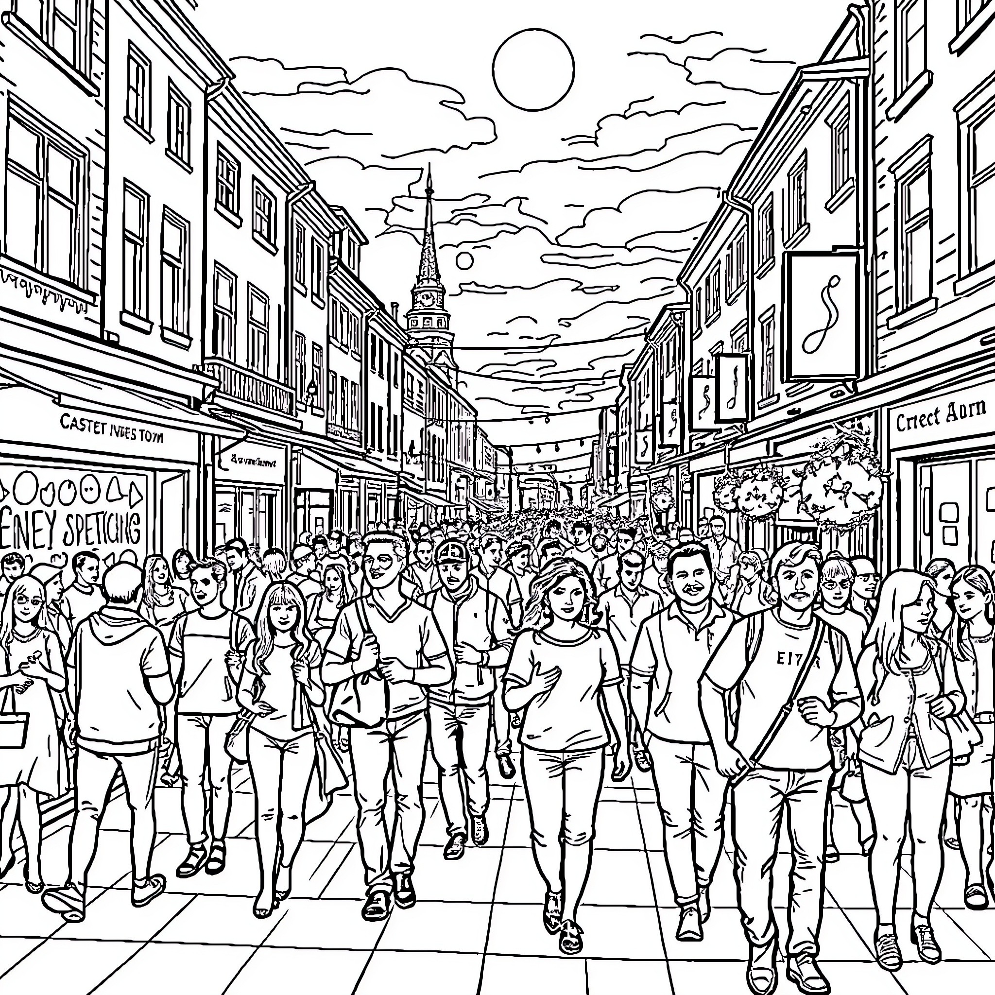 Town bustling with lively pedestrians on the street Coloring Page (free black-and-white line drawing printable PDF for all, from beginners to advanced learners, including children, teens, adults, and seniors)
