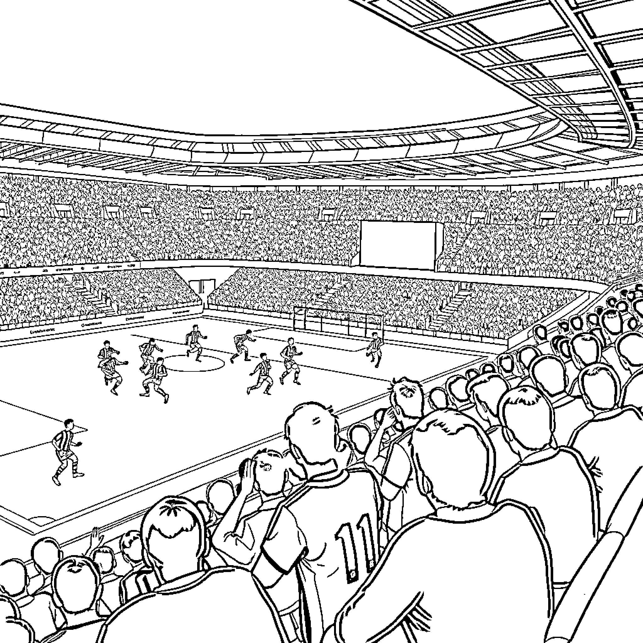 Olympique de Marseille players on the field and fans in the stadium Coloring Page (free black-and-white line drawing printable PDF for all, from beginners to advanced learners, including children, teens, adults, and seniors)