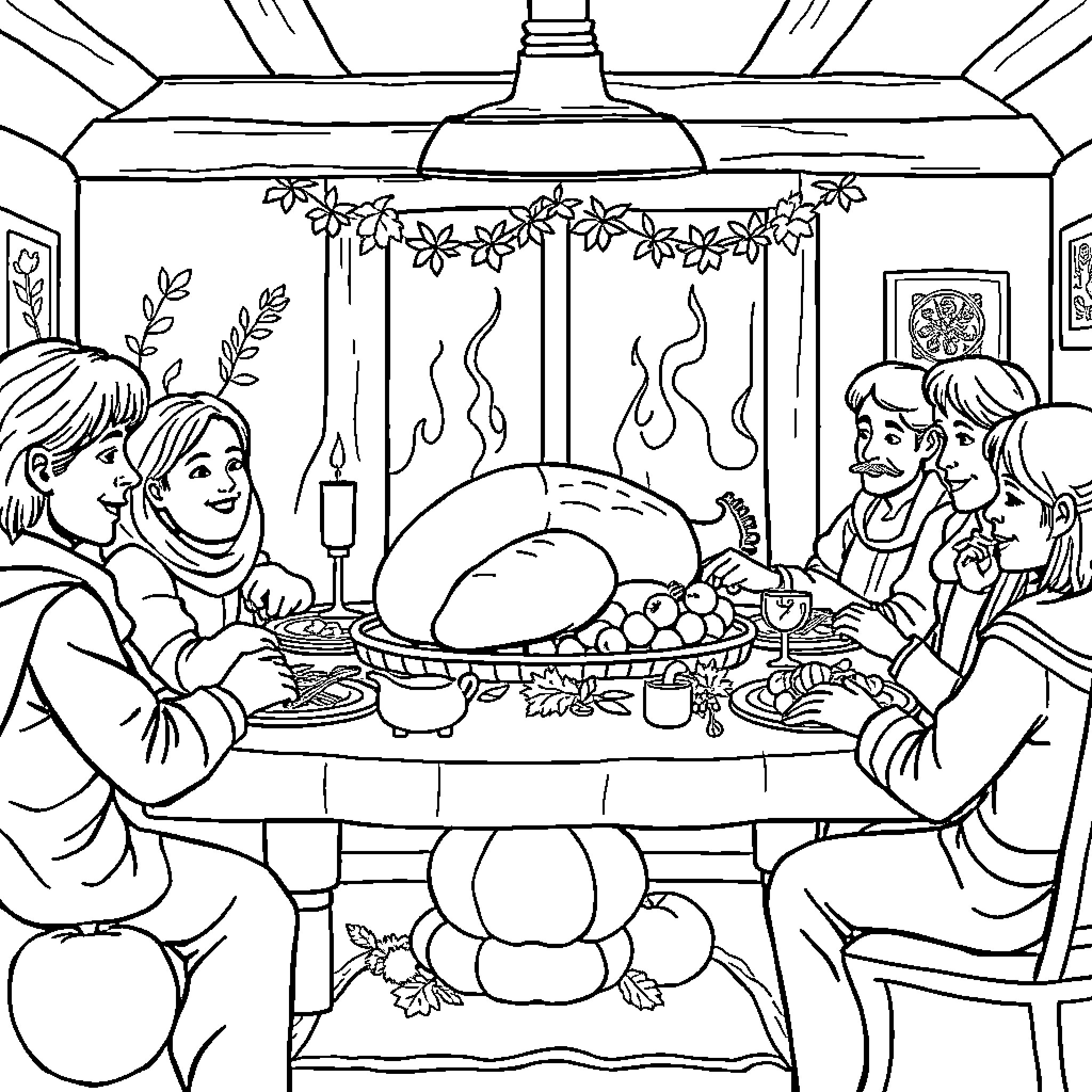 Thanksgiving Family Gathering Around the Table Coloring Page (free black-and-white line drawing printable PDF for all, from beginners to advanced learners, including children, teens, adults, and seniors)