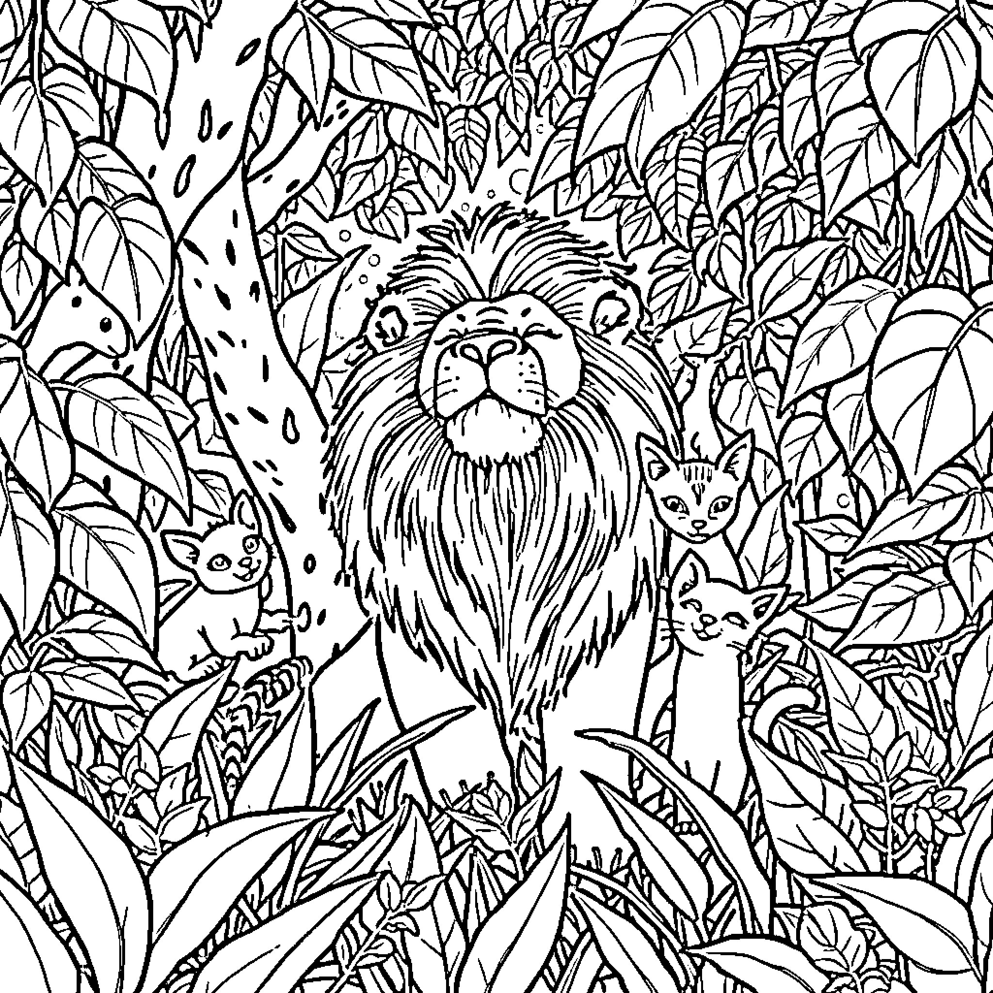 Leon the Lion's Jungle Adventure Coloring Page (free black-and-white line drawing printable PDF for all, from beginners to advanced learners, including children, teens, adults, and seniors)