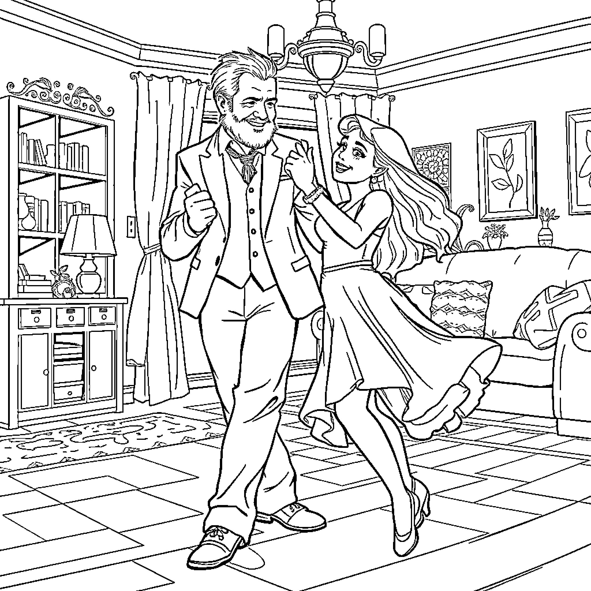 Bluey's Formal Dancing Adventure Coloring Page (free black-and-white line drawing printable PDF for all, from beginners to advanced learners, including children, teens, adults, and seniors)