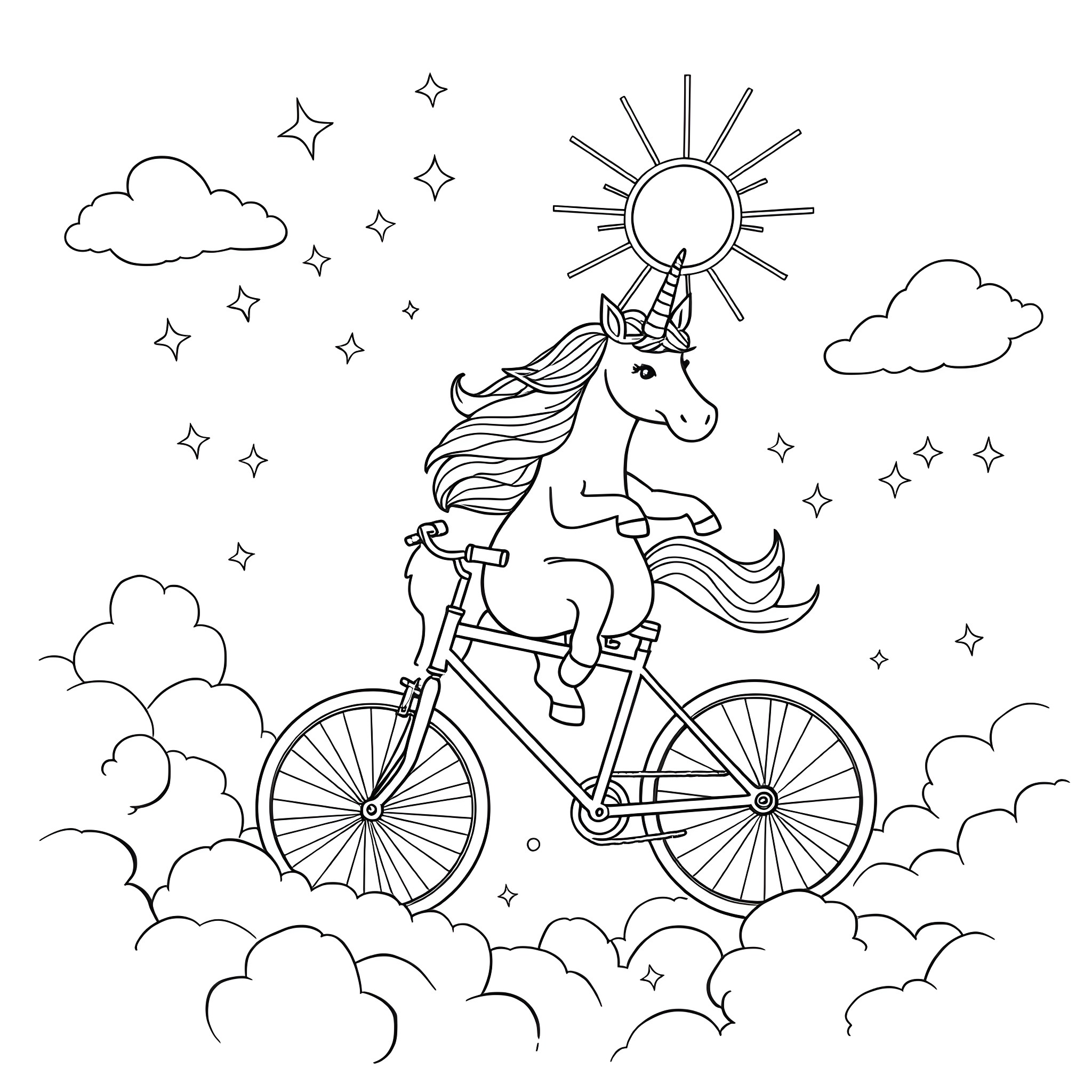 Unicorn riding a bicycle in the sky Coloring Page (free black-and-white line drawing printable PDF for all, from beginners to advanced learners, including children, teens, adults, and seniors)