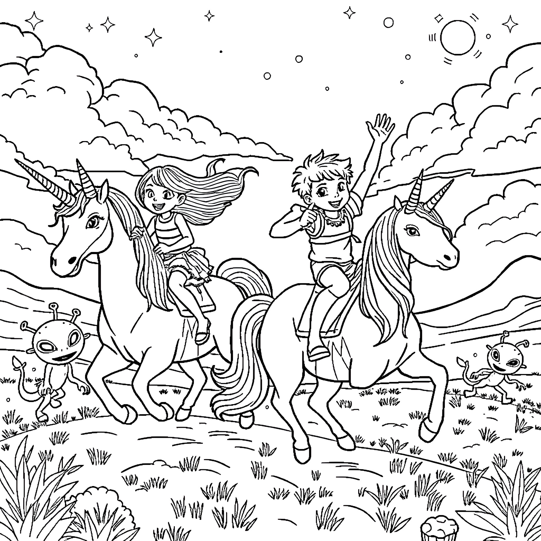 Unicorn Ride Through Magical Landscape Coloring Page (free black-and-white line drawing printable PDF for all, from beginners to advanced learners, including children, teens, adults, and seniors)