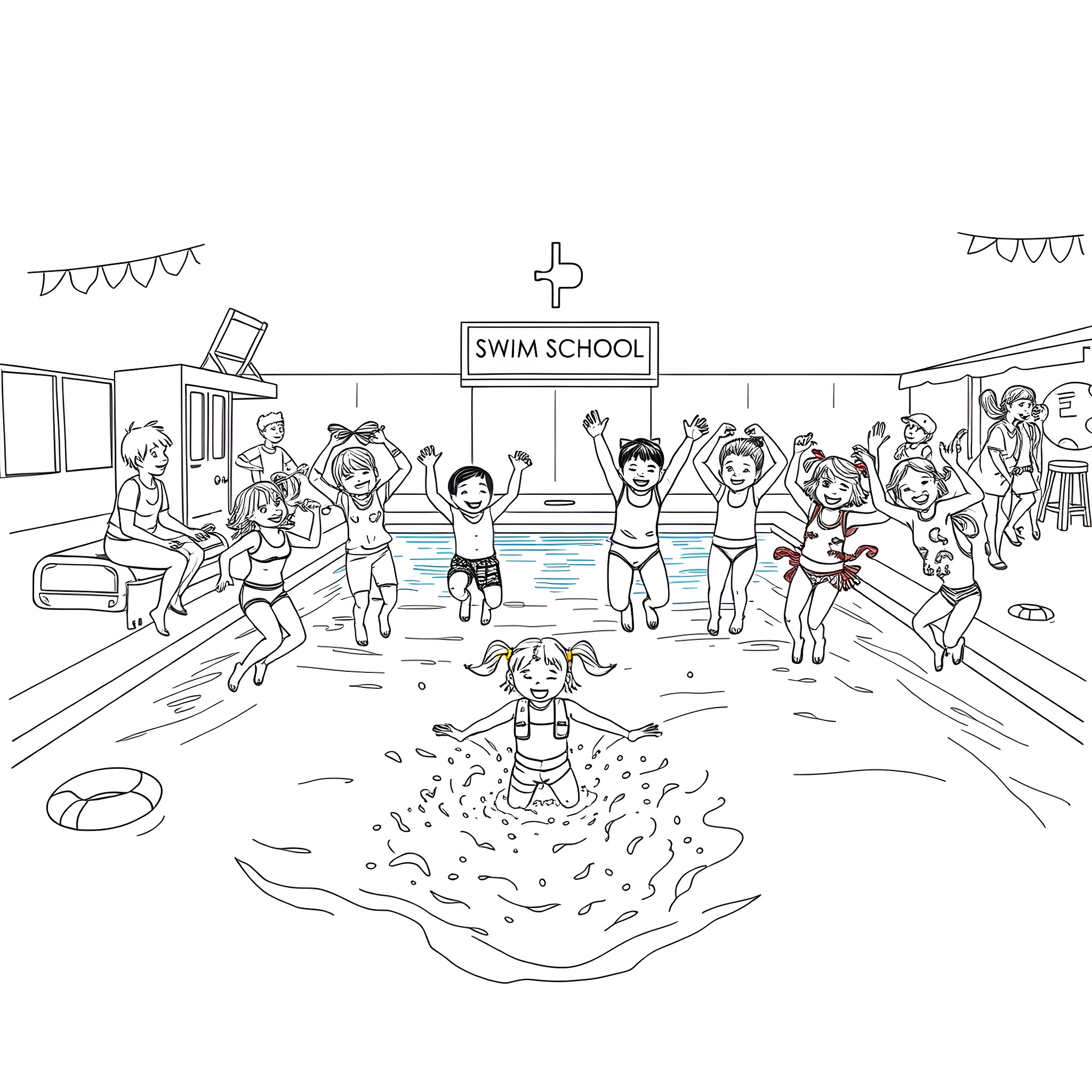 Swim School - Children Enjoying Fun Swimming Lessons Coloring Page (free black-and-white line drawing printable PDF for all, from beginners to advanced learners, including children, teens, adults, and seniors)
