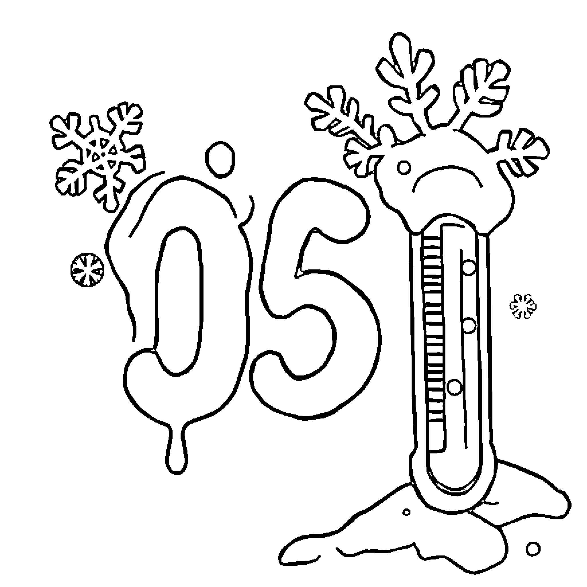 Colderbie's Chilly Thermometer and Snowflakes Coloring Page (free black-and-white line drawing printable PDF for all, from beginners to advanced learners, including children, teens, adults, and seniors)