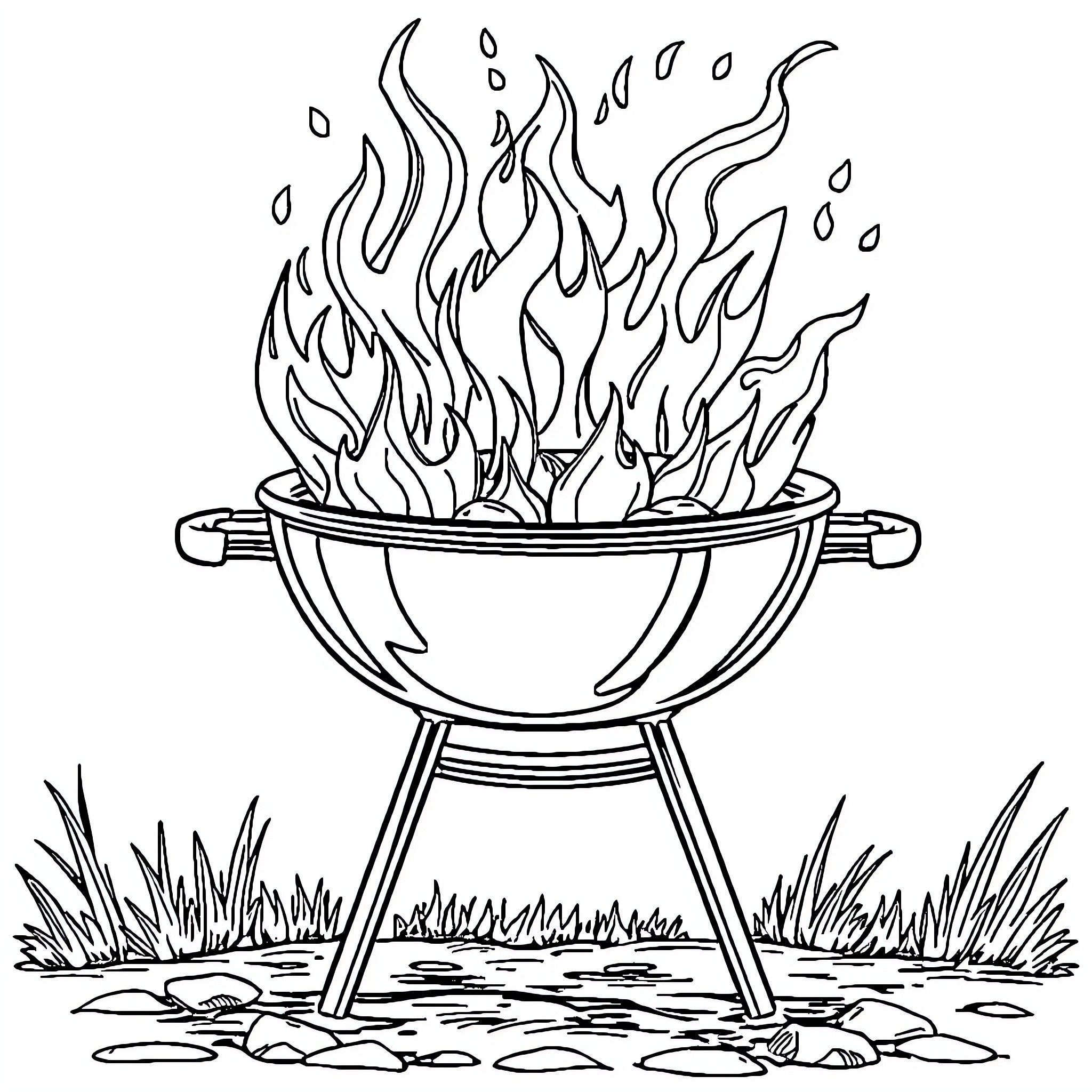 BBQ with Fiery Flames on Outdoor Grill Coloring Page (free black-and-white line drawing printable PDF for all, from beginners to advanced learners, including children, teens, adults, and seniors)