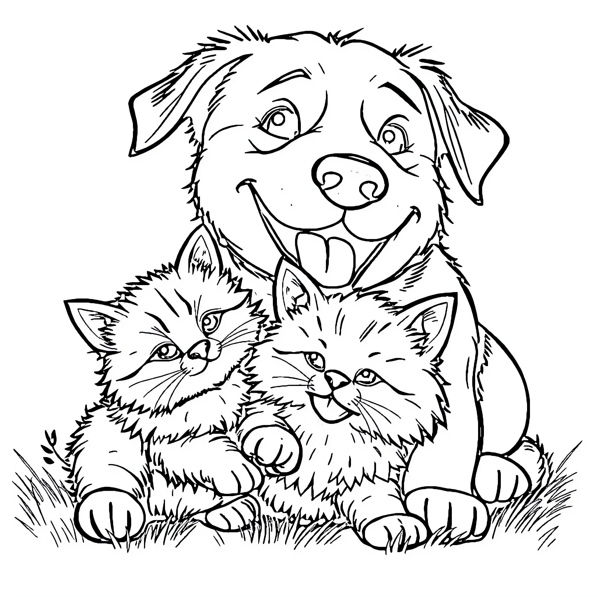 Dog and Kittens Enjoying the Outdoors Coloring Page (free black-and-white line drawing printable PDF for all, from beginners to advanced learners, including children, teens, adults, and seniors)