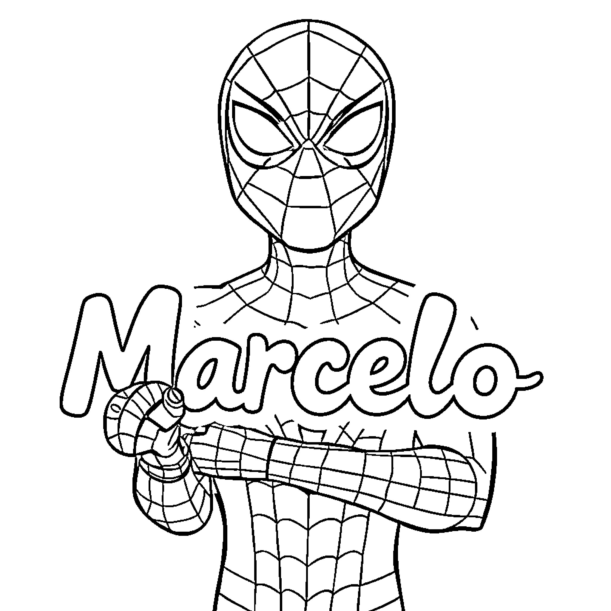 Spiderman superhero with name 'Marcello' Coloring Page (free black-and-white line drawing printable PDF for all, from beginners to advanced learners, including children, teens, adults, and seniors)