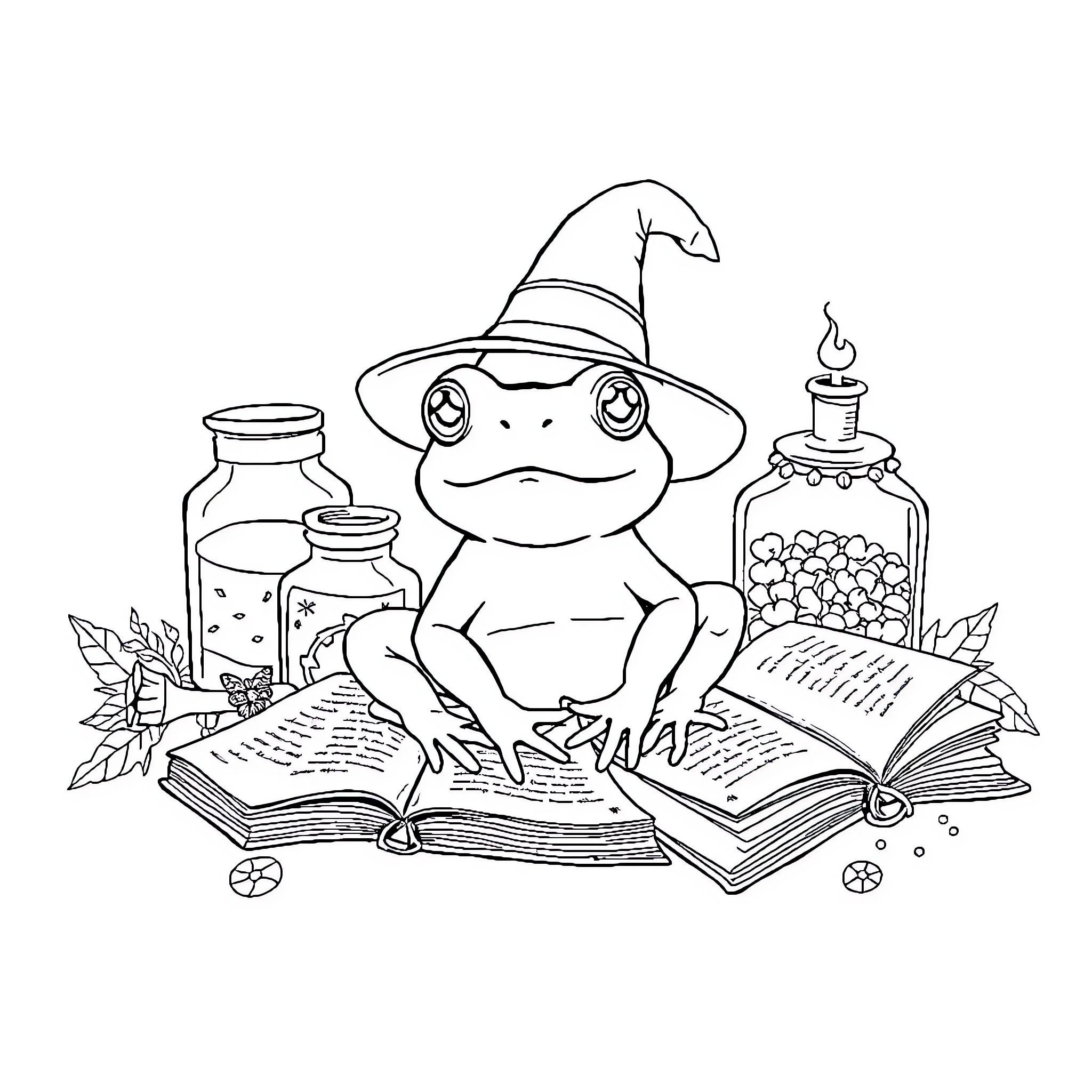 Frog Wizard Reading Enchanted Books Coloring Page (free black-and-white line drawing printable PDF for all, from beginners to advanced learners, including children, teens, adults, and seniors)