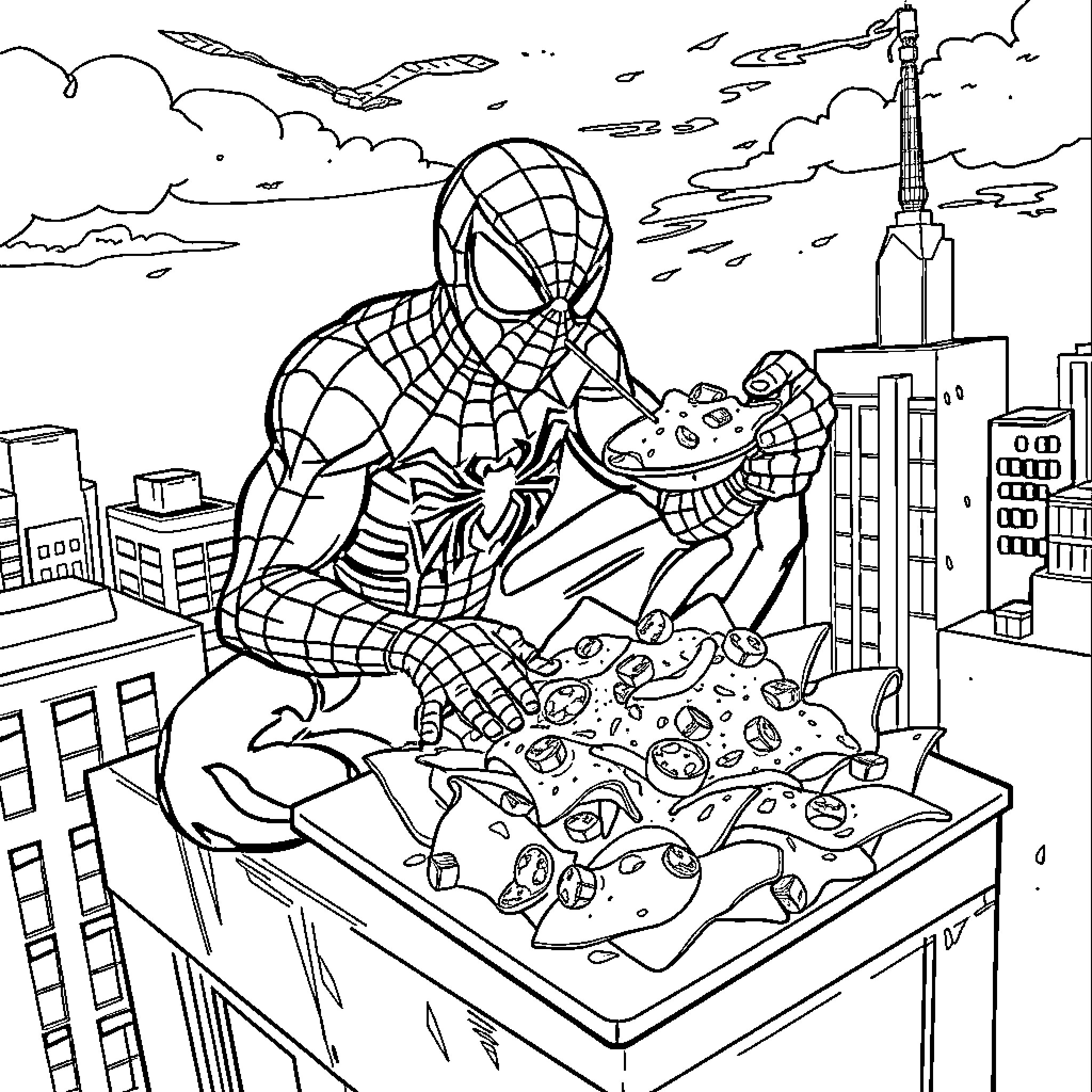 Spiderman capturing villains in the city Coloring Page (free black-and-white line drawing printable PDF for all, from beginners to advanced learners, including children, teens, adults, and seniors)