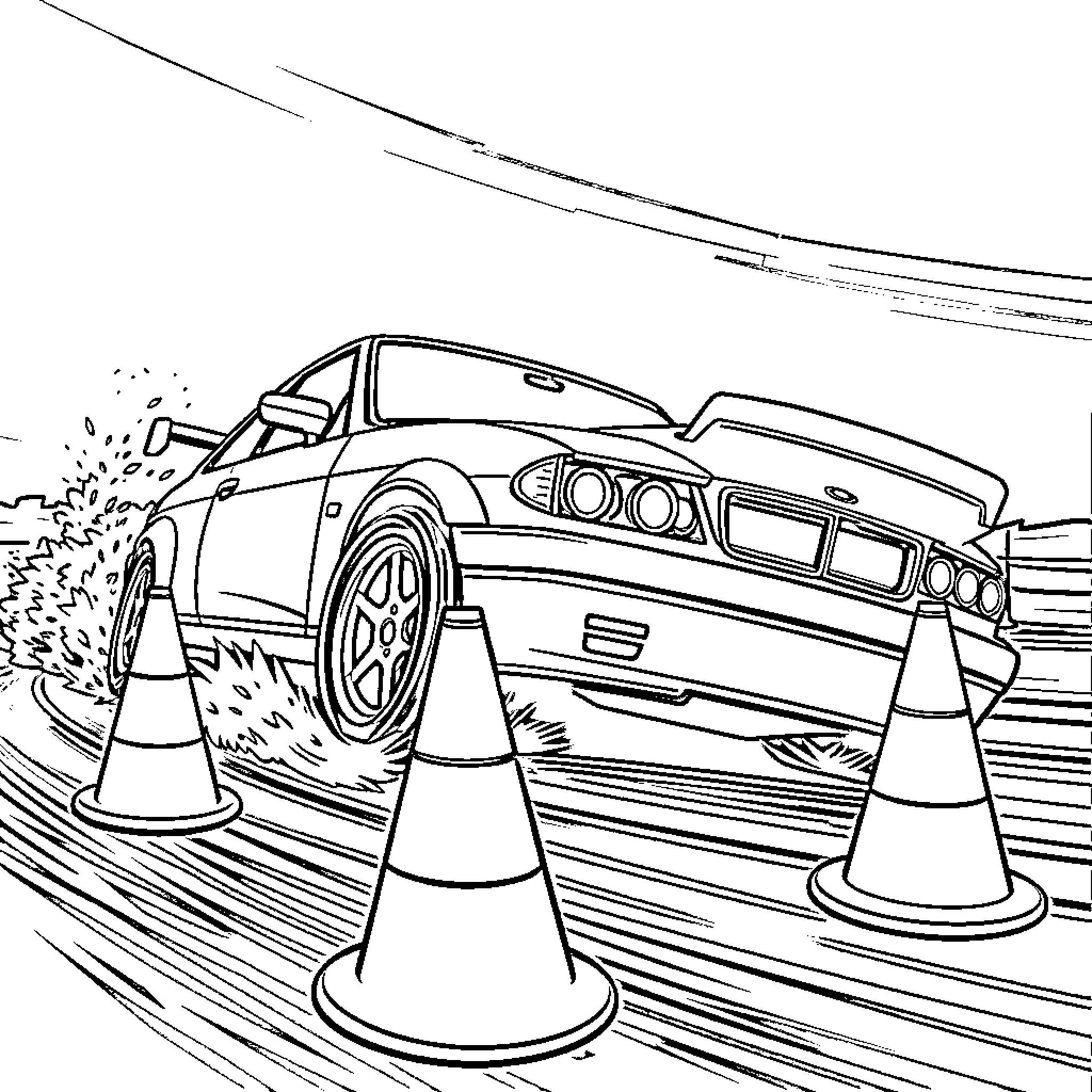 Gymkhana challenge with racing car and cones Coloring Page (free black-and-white line drawing printable PDF for all, from beginners to advanced learners, including children, teens, adults, and seniors)