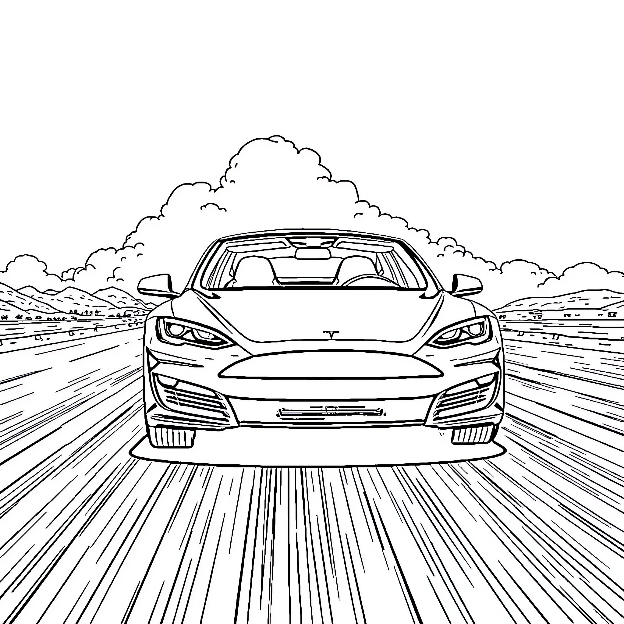 Tesla electric vehicle speeding on an open road Coloring Page (free black-and-white line drawing printable PDF for all, from beginners to advanced learners, including children, teens, adults, and seniors)