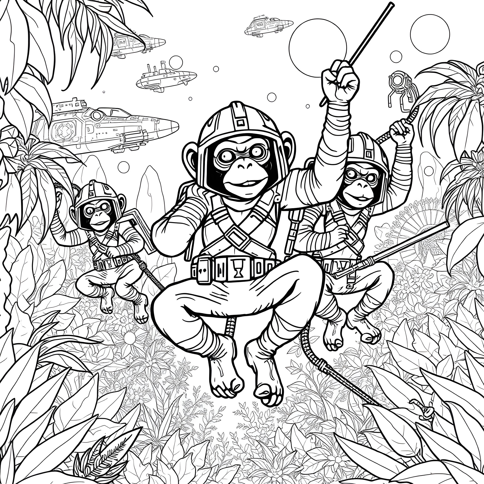 Monkey astronauts exploring a vibrant, alien landscape Coloring Page (free black-and-white line drawing printable PDF for all, from beginners to advanced learners, including children, teens, adults, and seniors)