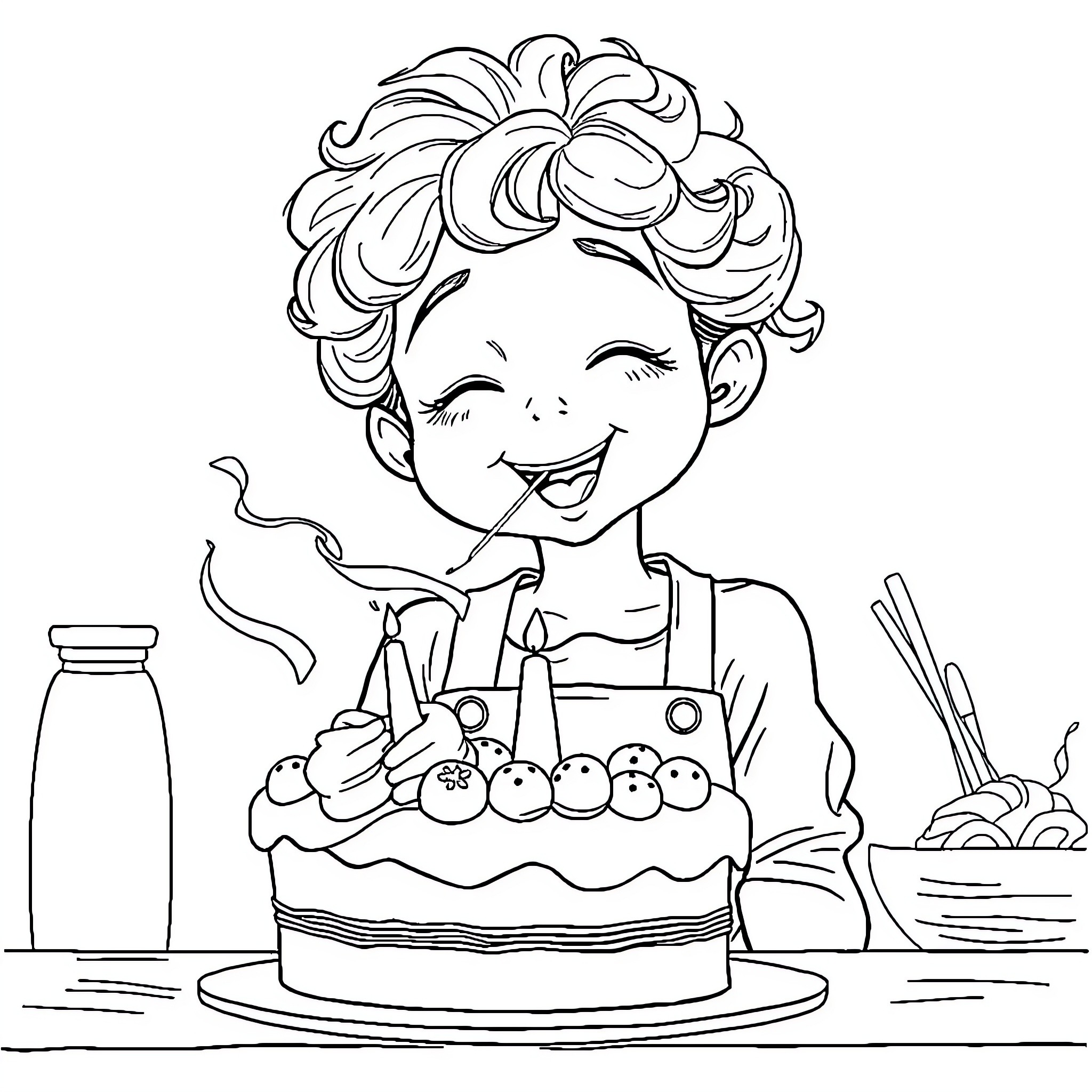 Fille joyeusement préparant un gâteau d'anniversaire Coloring Page (free black-and-white line drawing printable PDF for all, from beginners to advanced learners, including children, teens, adults, and seniors)